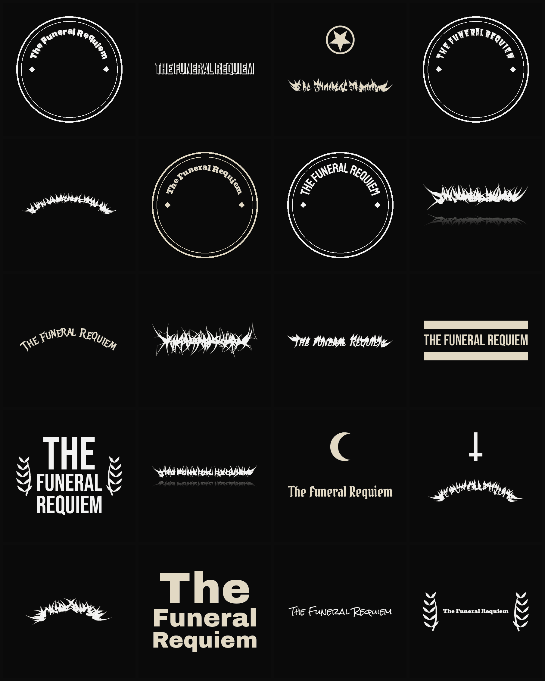 Twenty The Funeral Requiem band logo ideas — different faces, treatments and spike settings