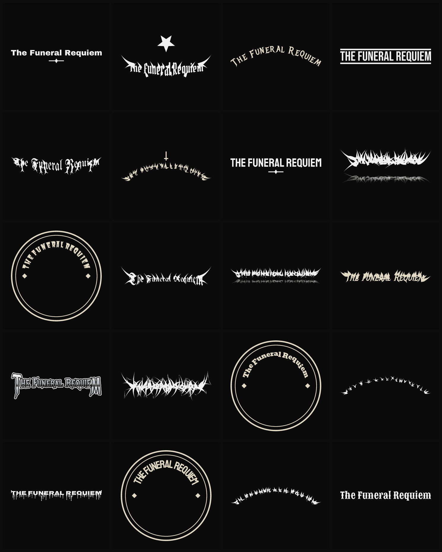 Twenty The Funeral Requiem band logo ideas — different faces, treatments and spike settings