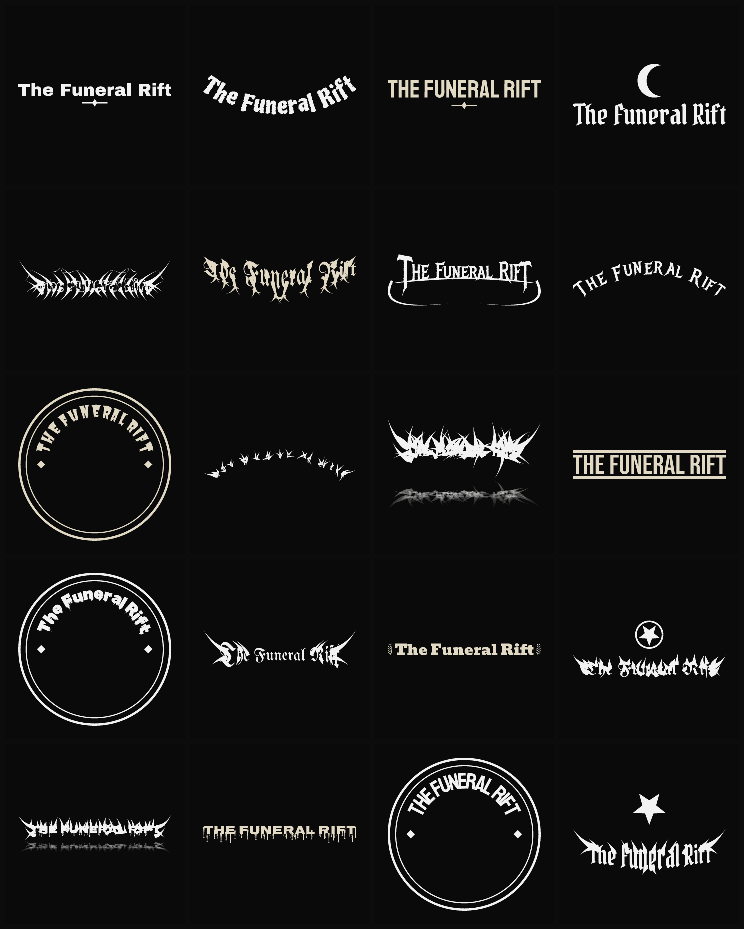 Twenty The Funeral Rift band logo ideas — different faces, treatments and spike settings