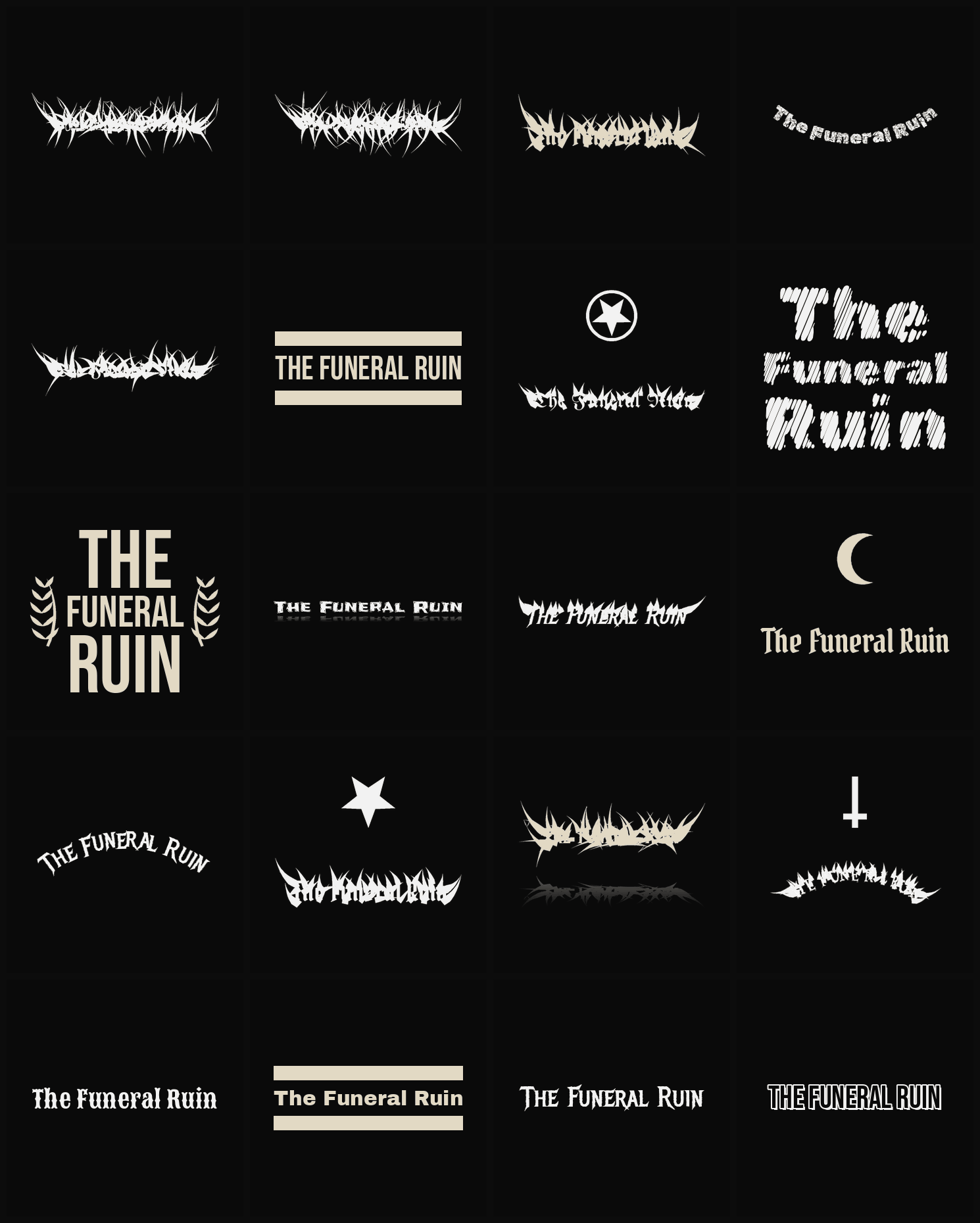 Twenty The Funeral Ruin band logo ideas — different faces, treatments and spike settings