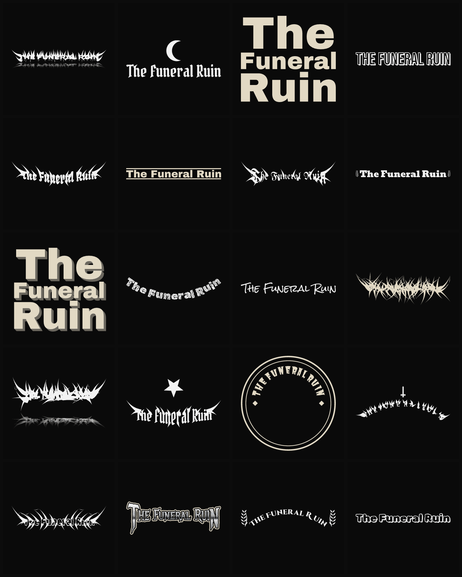 Twenty The Funeral Ruin band logo ideas — different faces, treatments and spike settings
