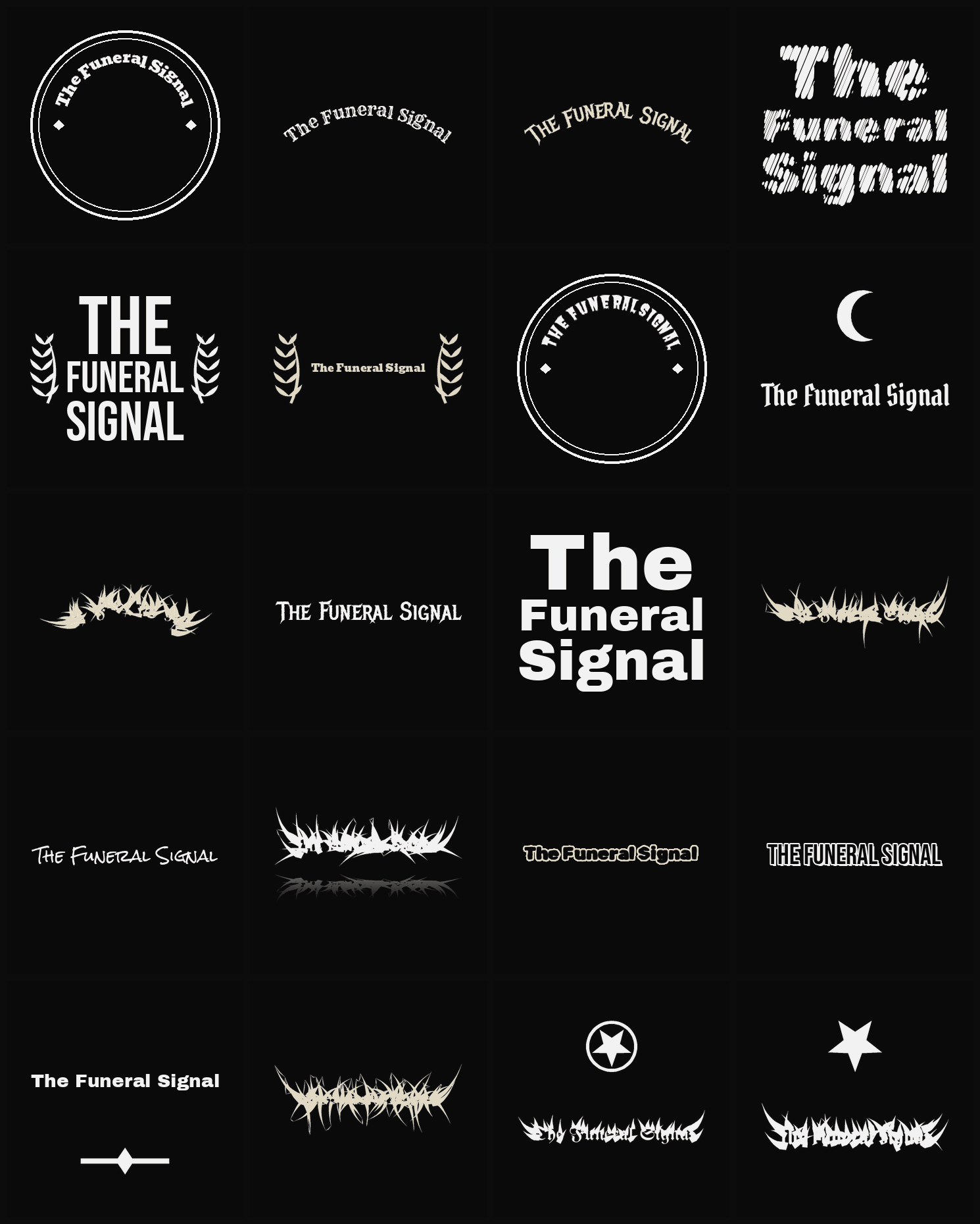 Twenty The Funeral Signal band logo ideas — different faces, treatments and spike settings