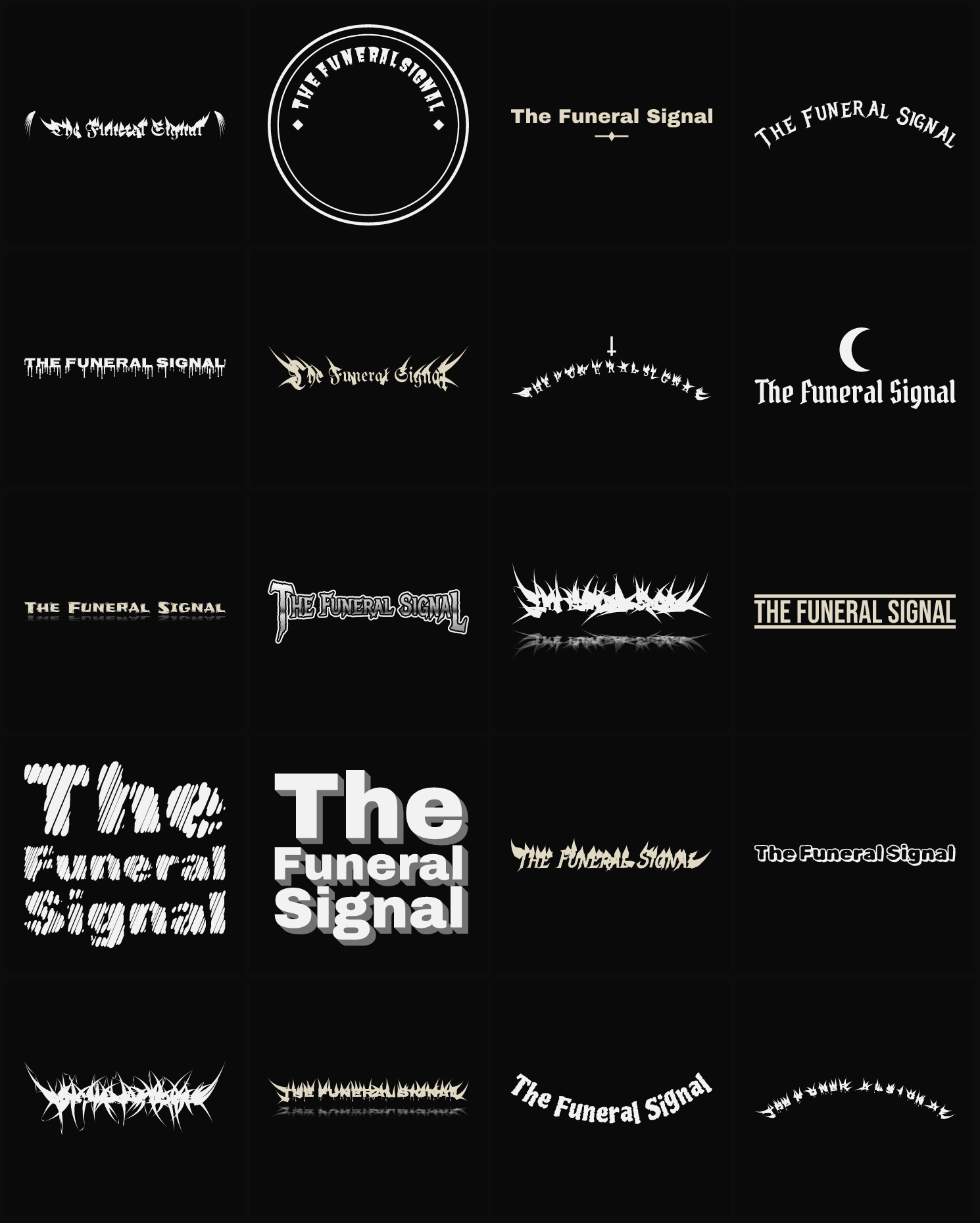 Twenty The Funeral Signal band logo ideas — different faces, treatments and spike settings