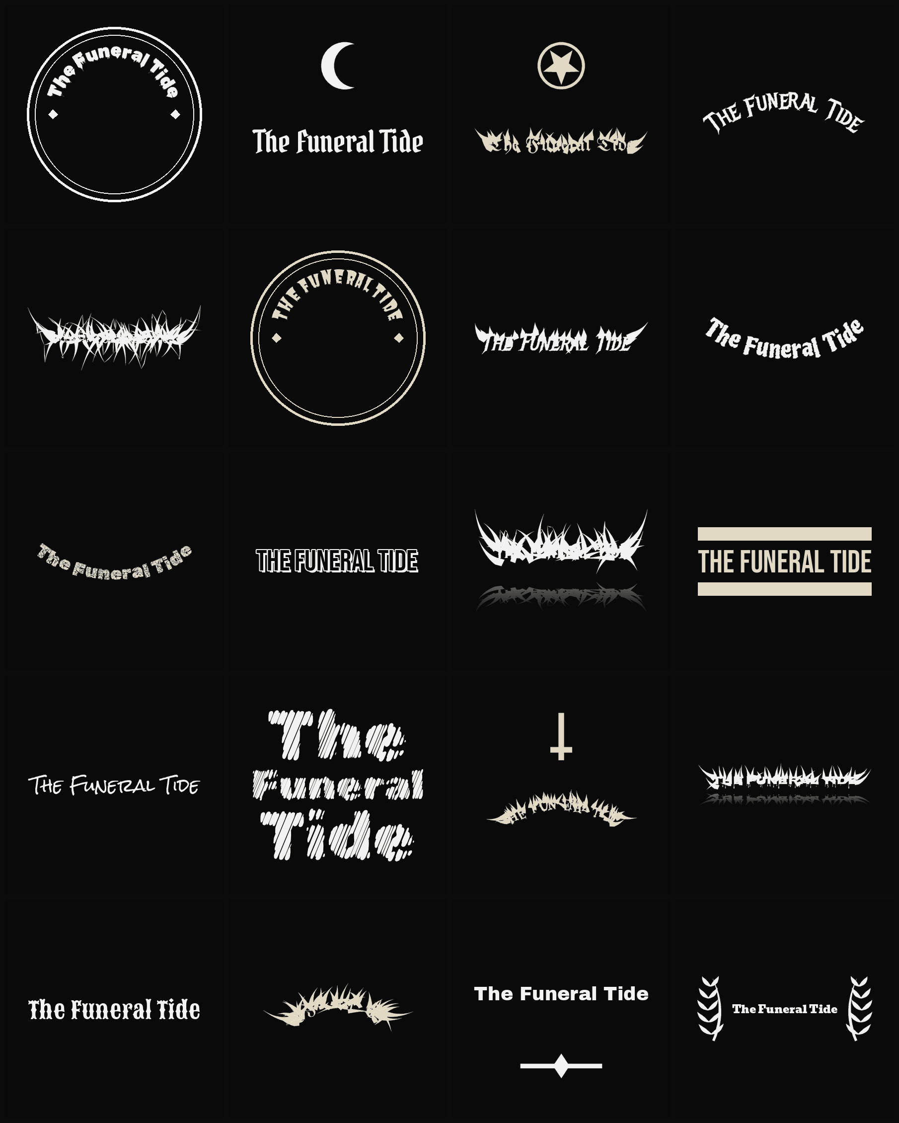 Twenty The Funeral Tide band logo ideas — different faces, treatments and spike settings