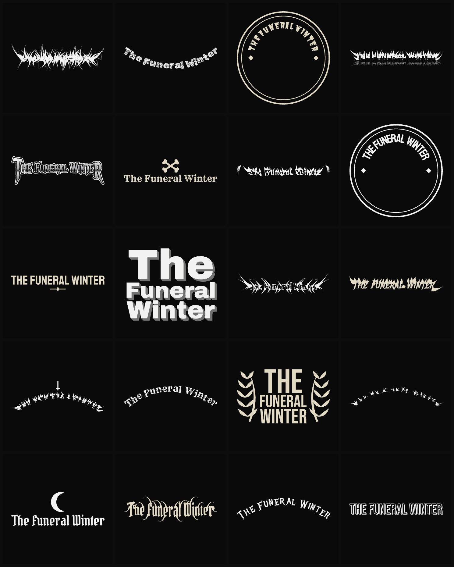 Twenty The Funeral Winter band logo ideas — different faces, treatments and spike settings