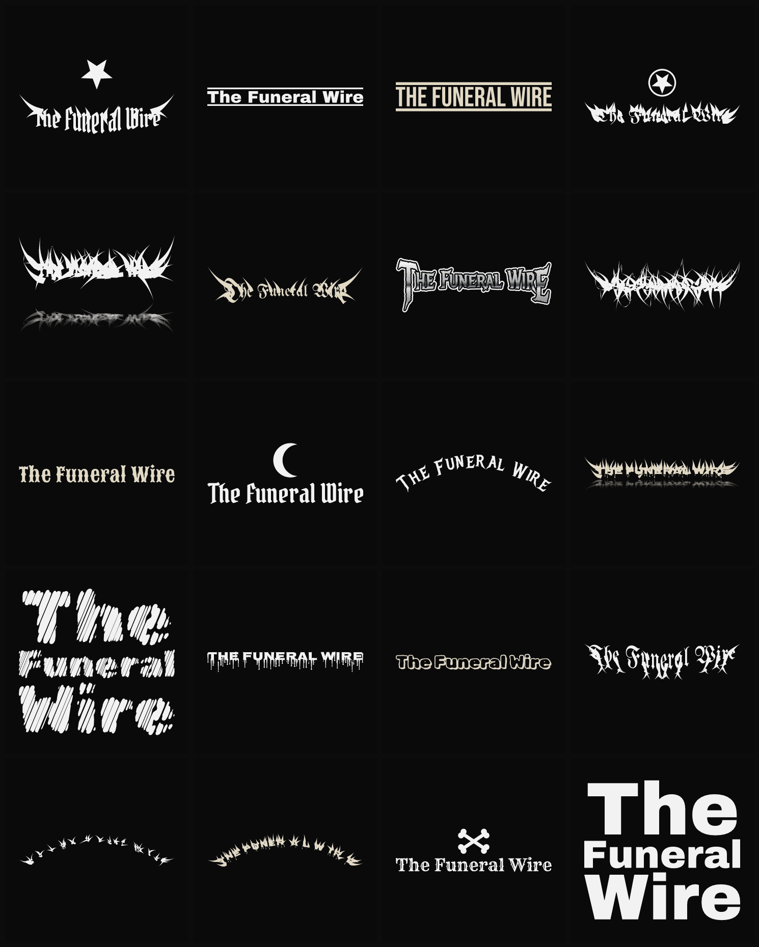Twenty The Funeral Wire band logo ideas — different faces, treatments and spike settings