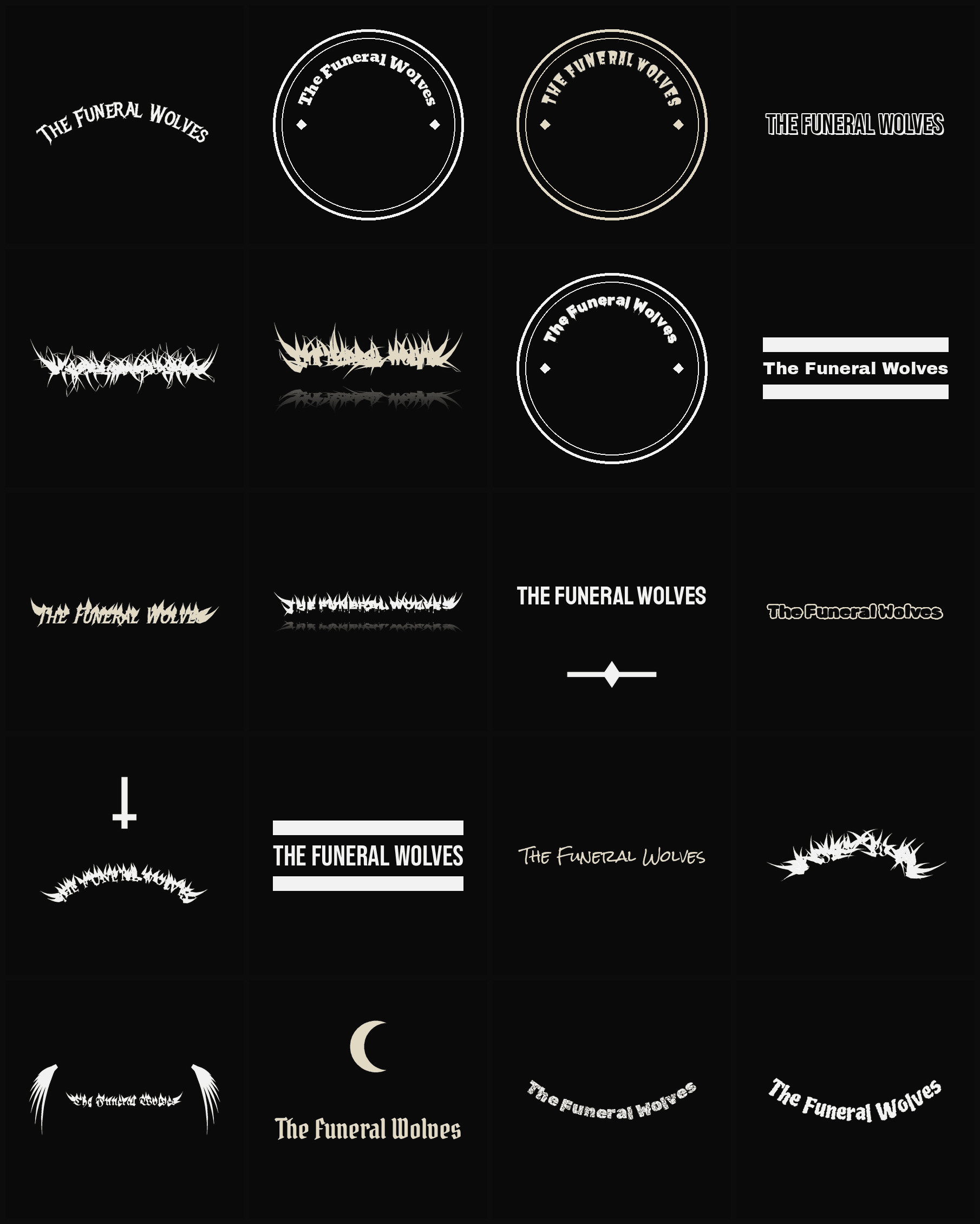 Twenty The Funeral Wolves band logo ideas — different faces, treatments and spike settings