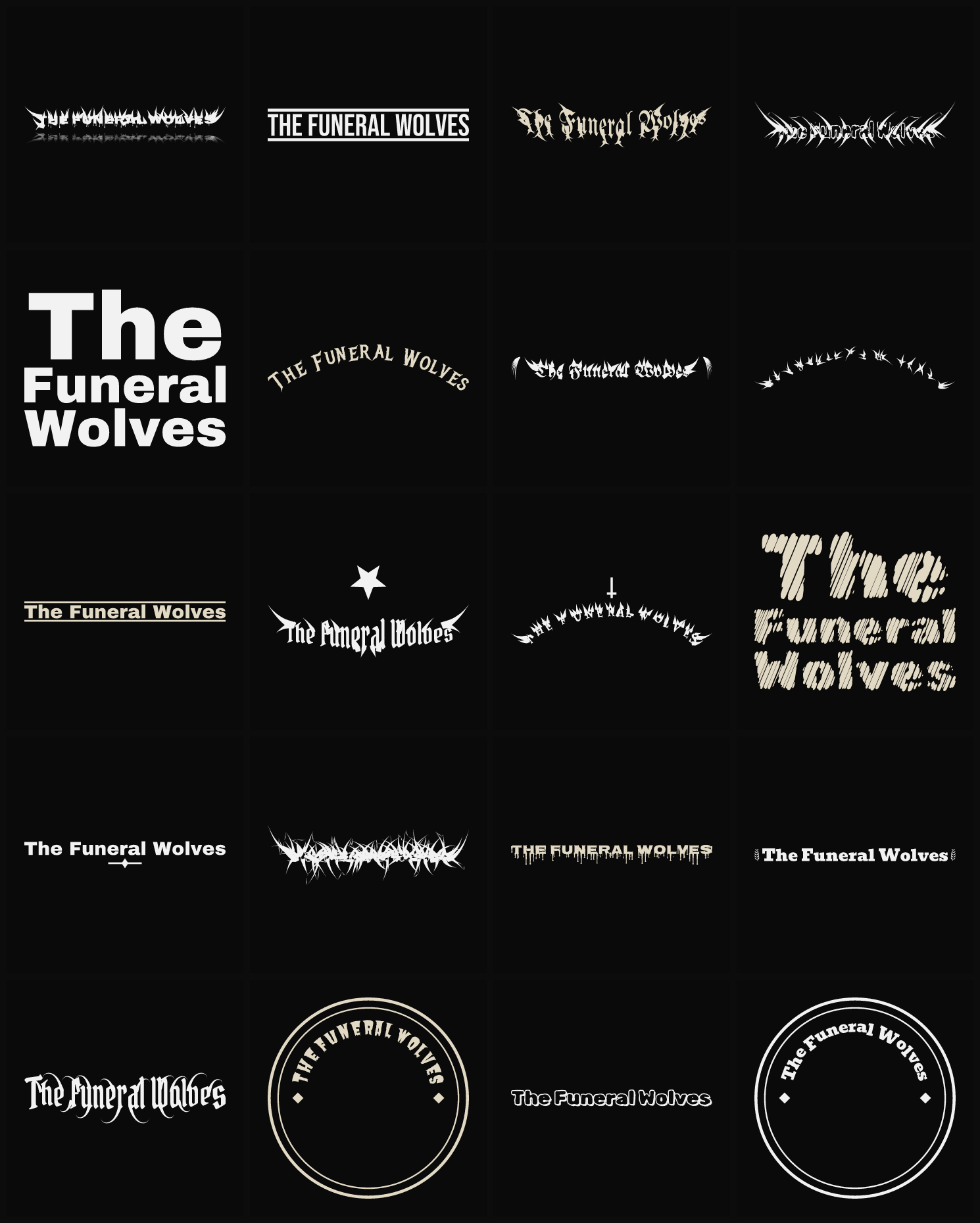 Twenty The Funeral Wolves band logo ideas — different faces, treatments and spike settings