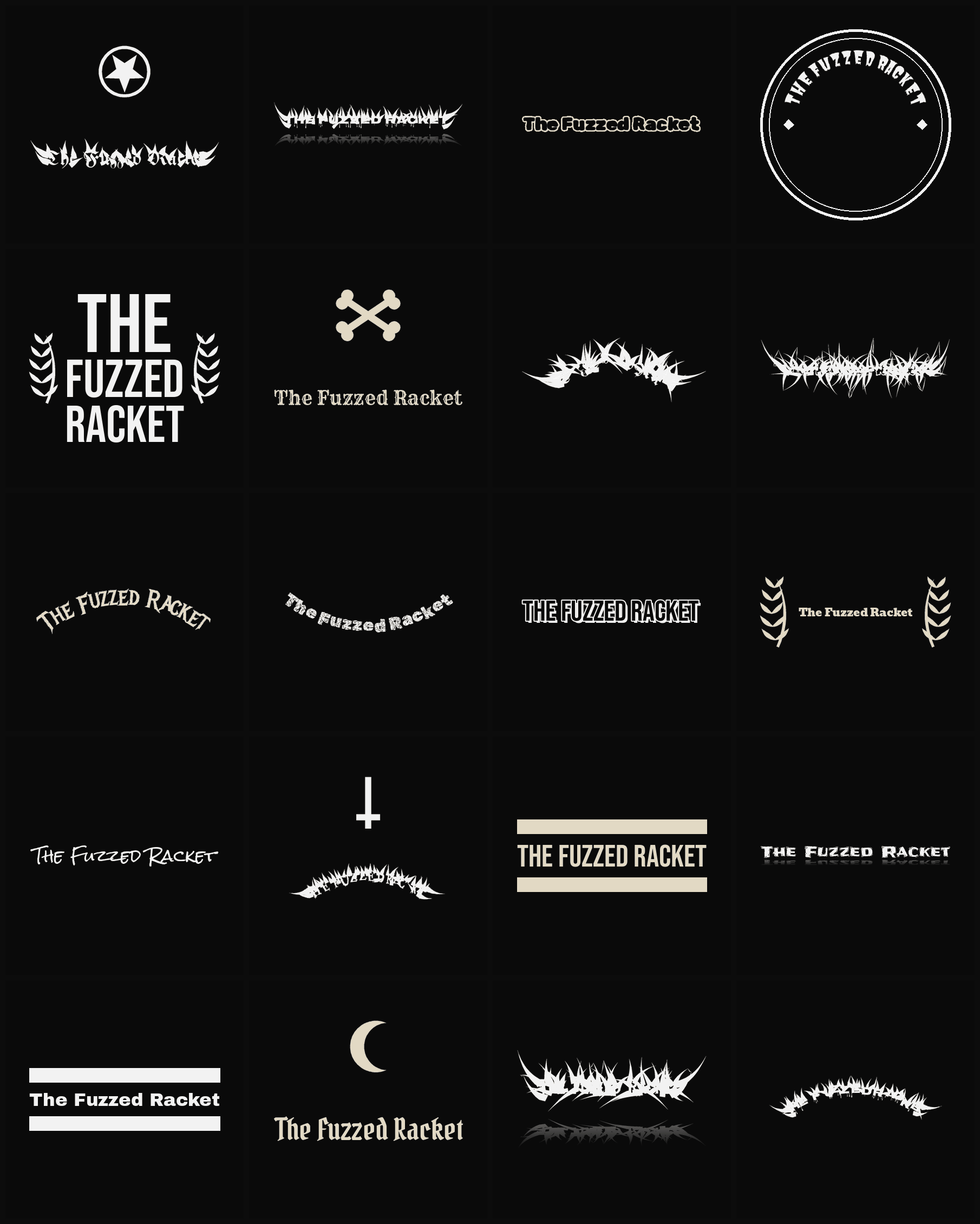 Twenty The Fuzzed Racket band logo ideas — different faces, treatments and spike settings