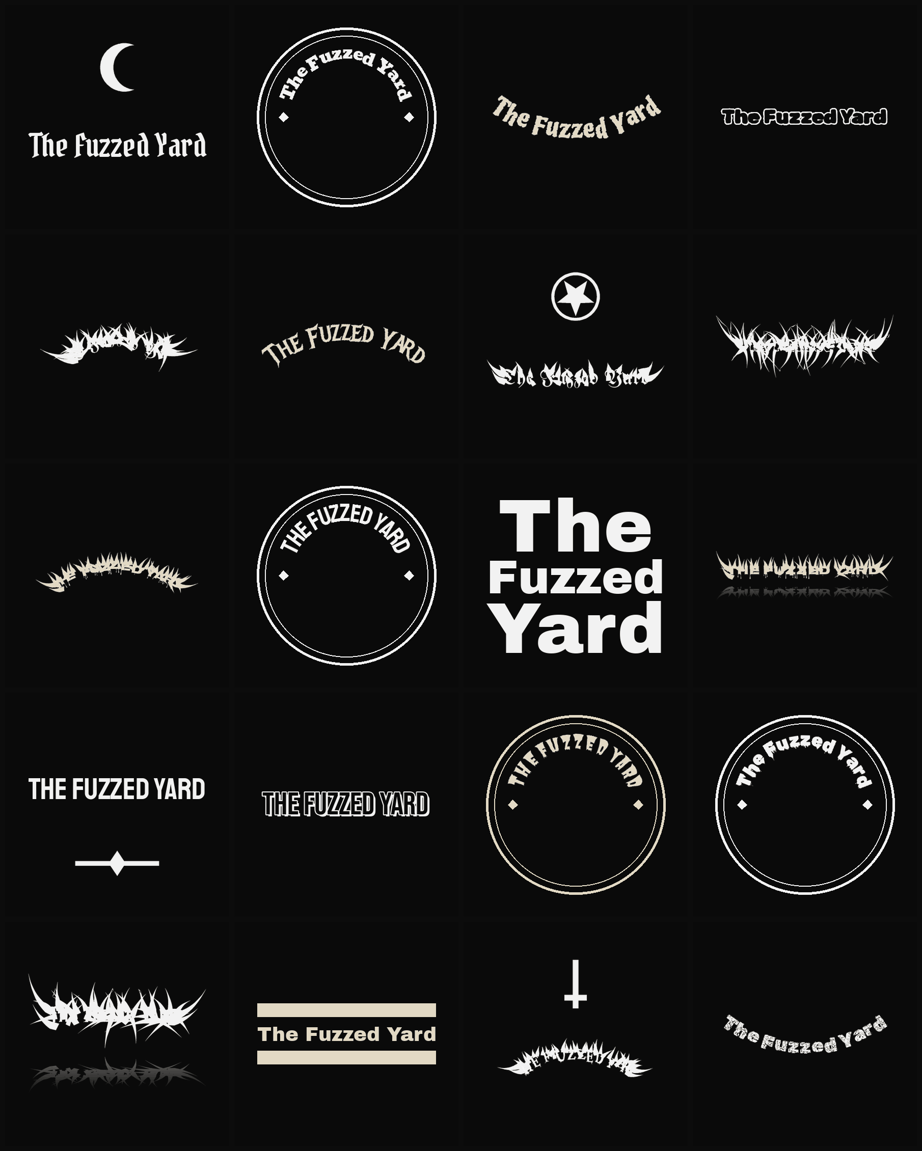 Twenty The Fuzzed Yard band logo ideas — different faces, treatments and spike settings