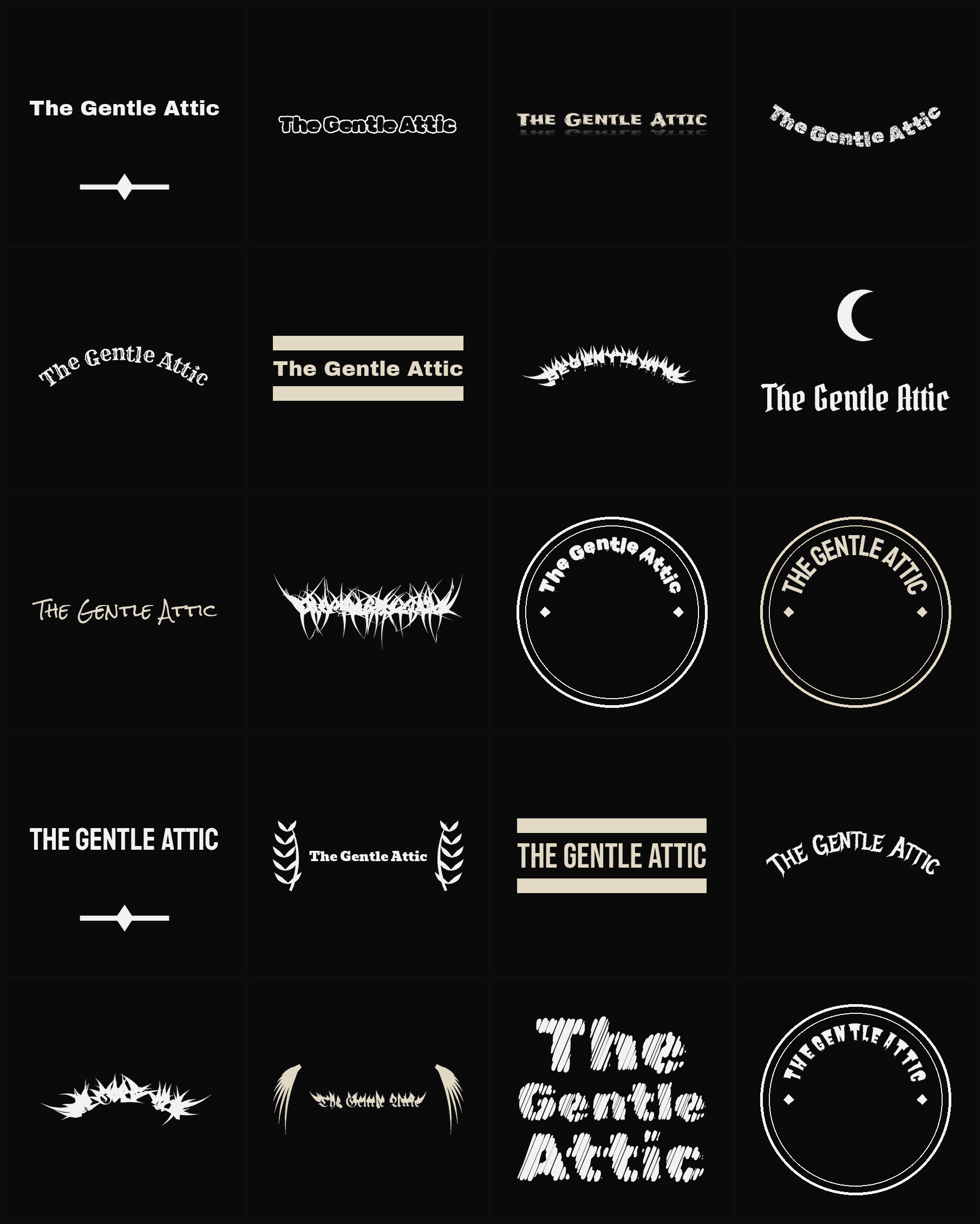 Twenty The Gentle Attic band logo ideas — different faces, treatments and spike settings
