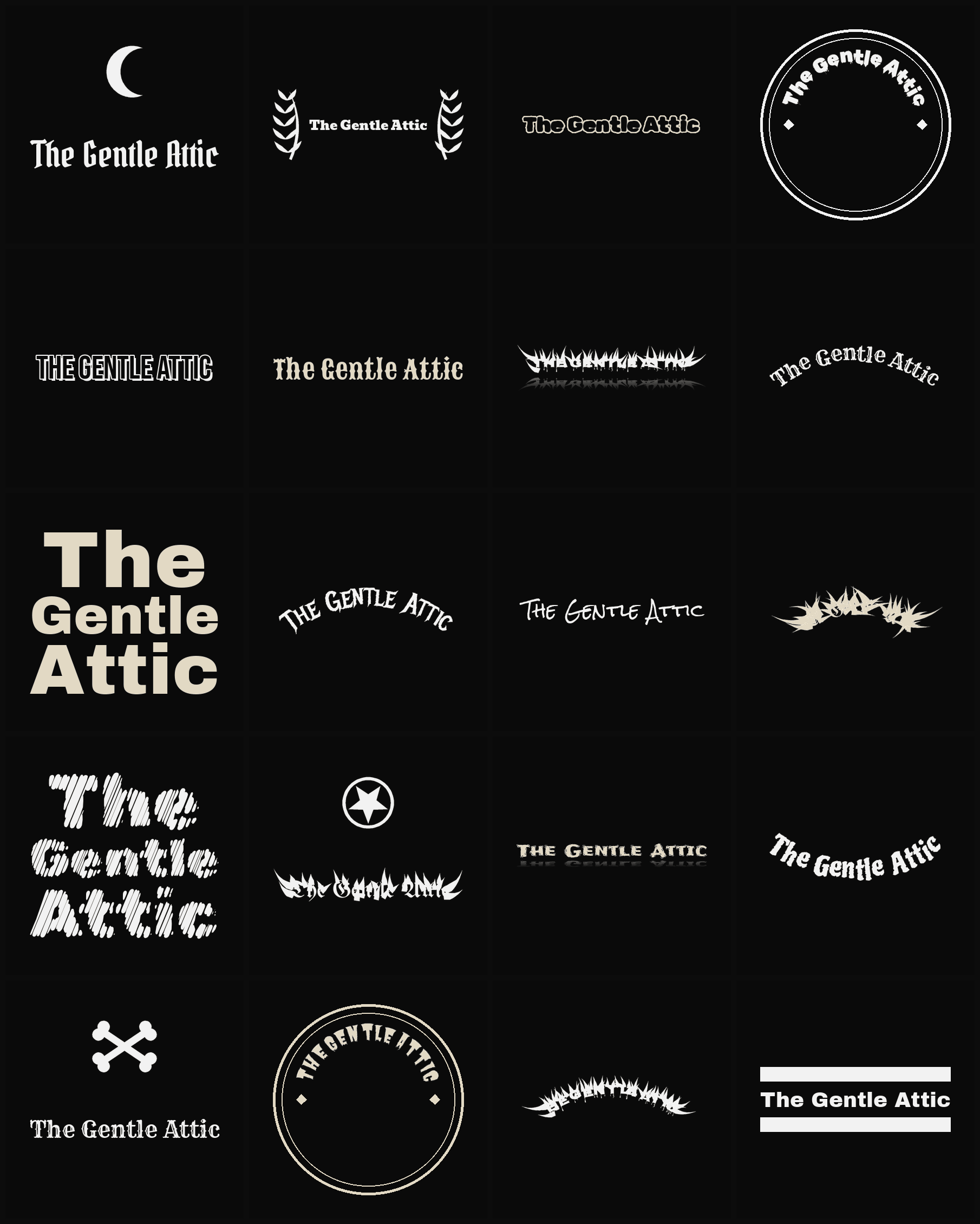 Twenty The Gentle Attic band logo ideas — different faces, treatments and spike settings