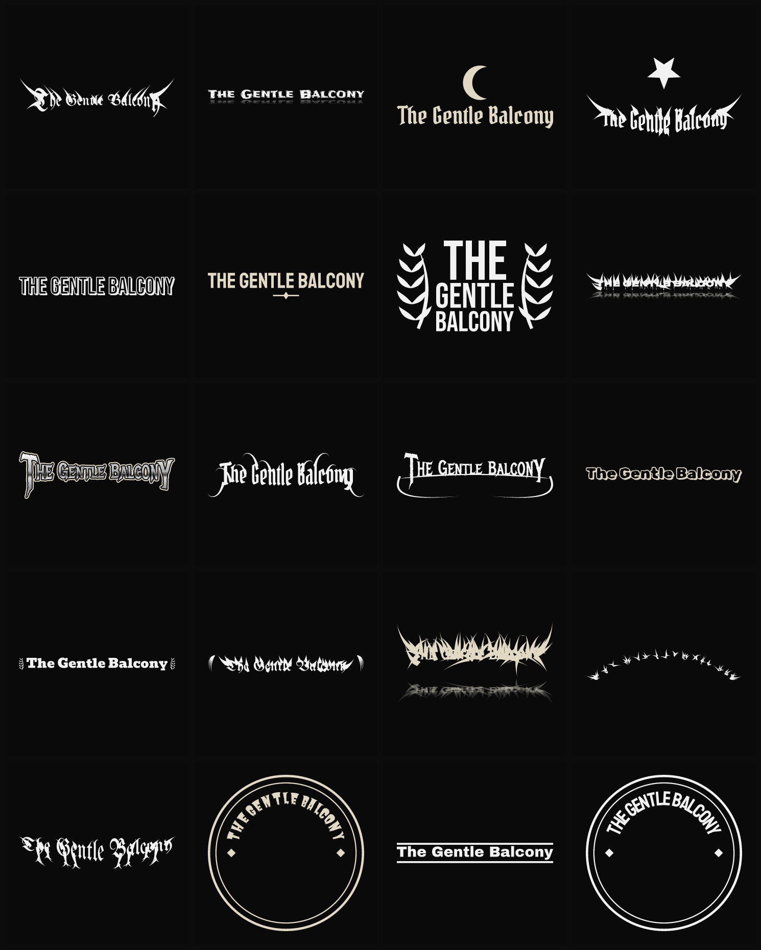 Twenty The Gentle Balcony band logo ideas — different faces, treatments and spike settings