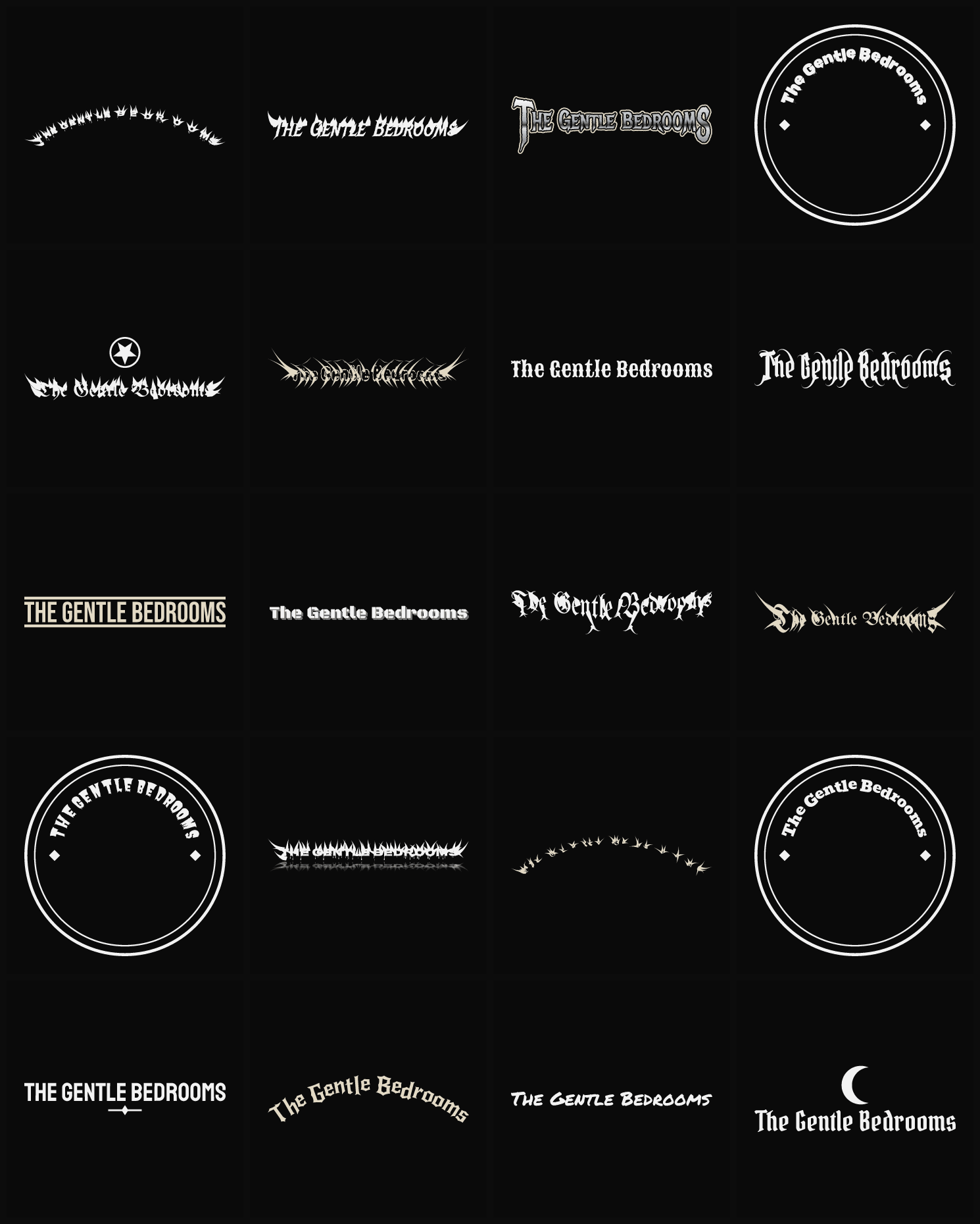 Twenty The Gentle Bedrooms band logo ideas — different faces, treatments and spike settings