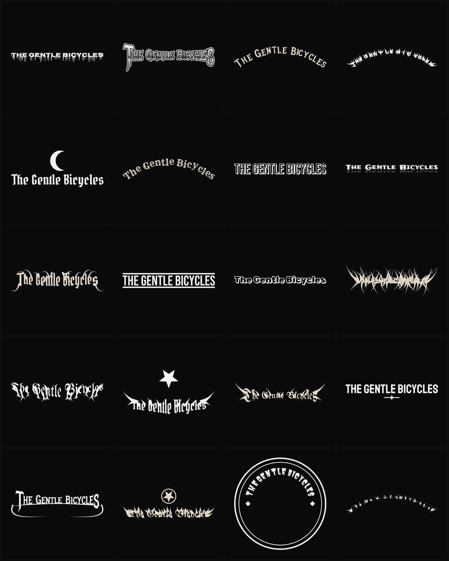 Twenty The Gentle Bicycles band logo ideas — different faces, treatments and spike settings