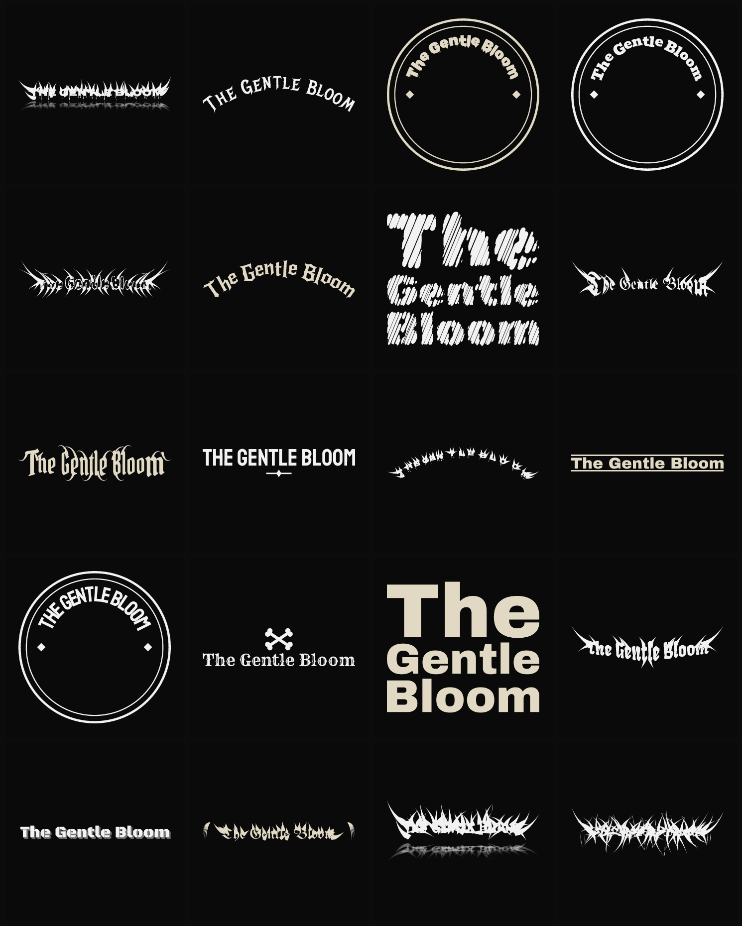 Twenty The Gentle Bloom band logo ideas — different faces, treatments and spike settings