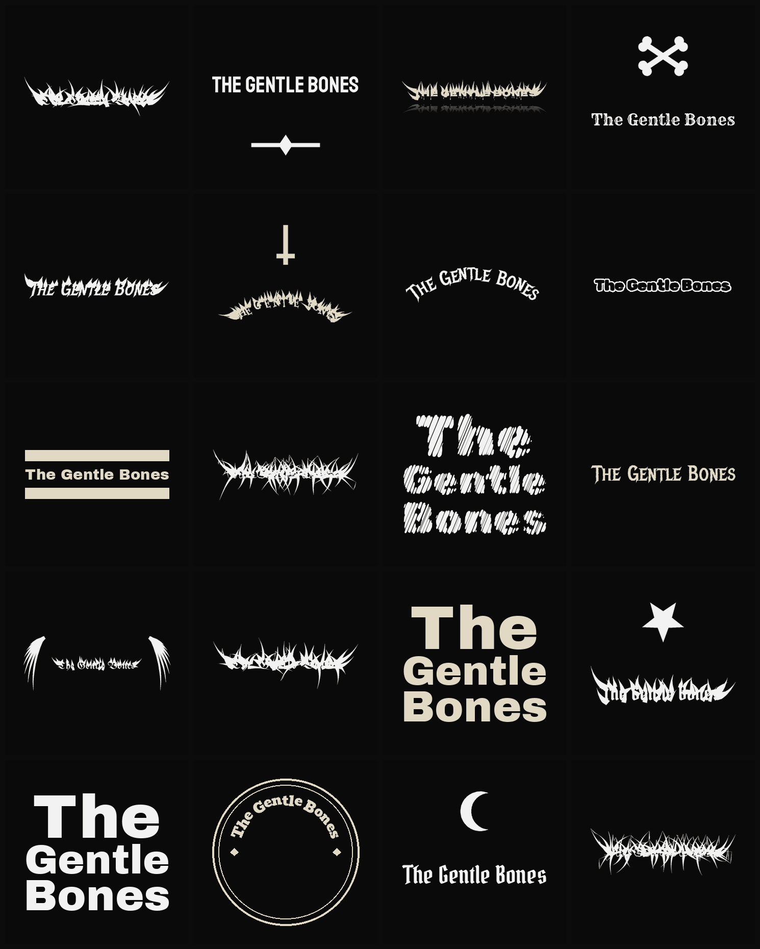Twenty The Gentle Bones band logo ideas — different faces, treatments and spike settings