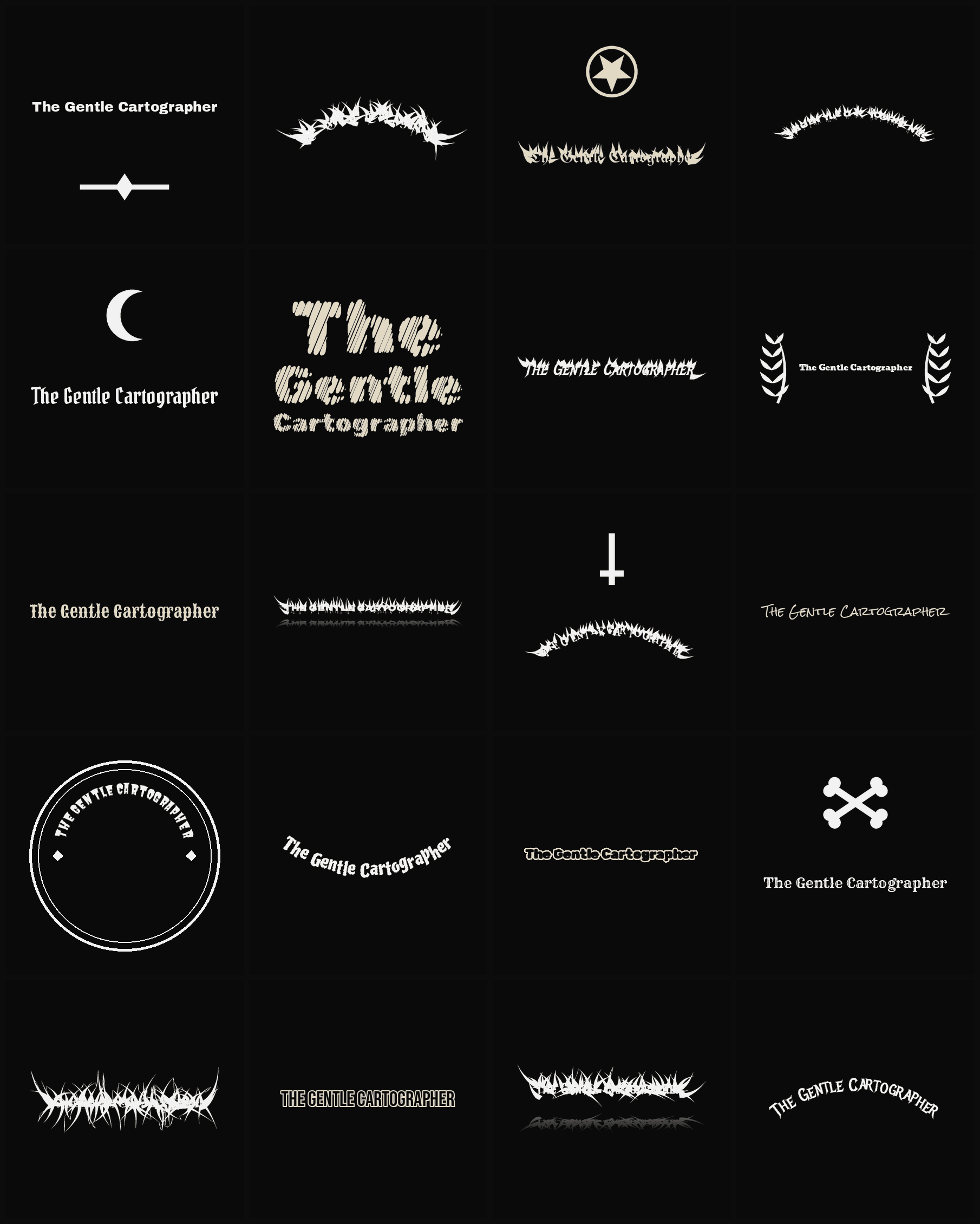 Twenty The Gentle Cartographer band logo ideas — different faces, treatments and spike settings
