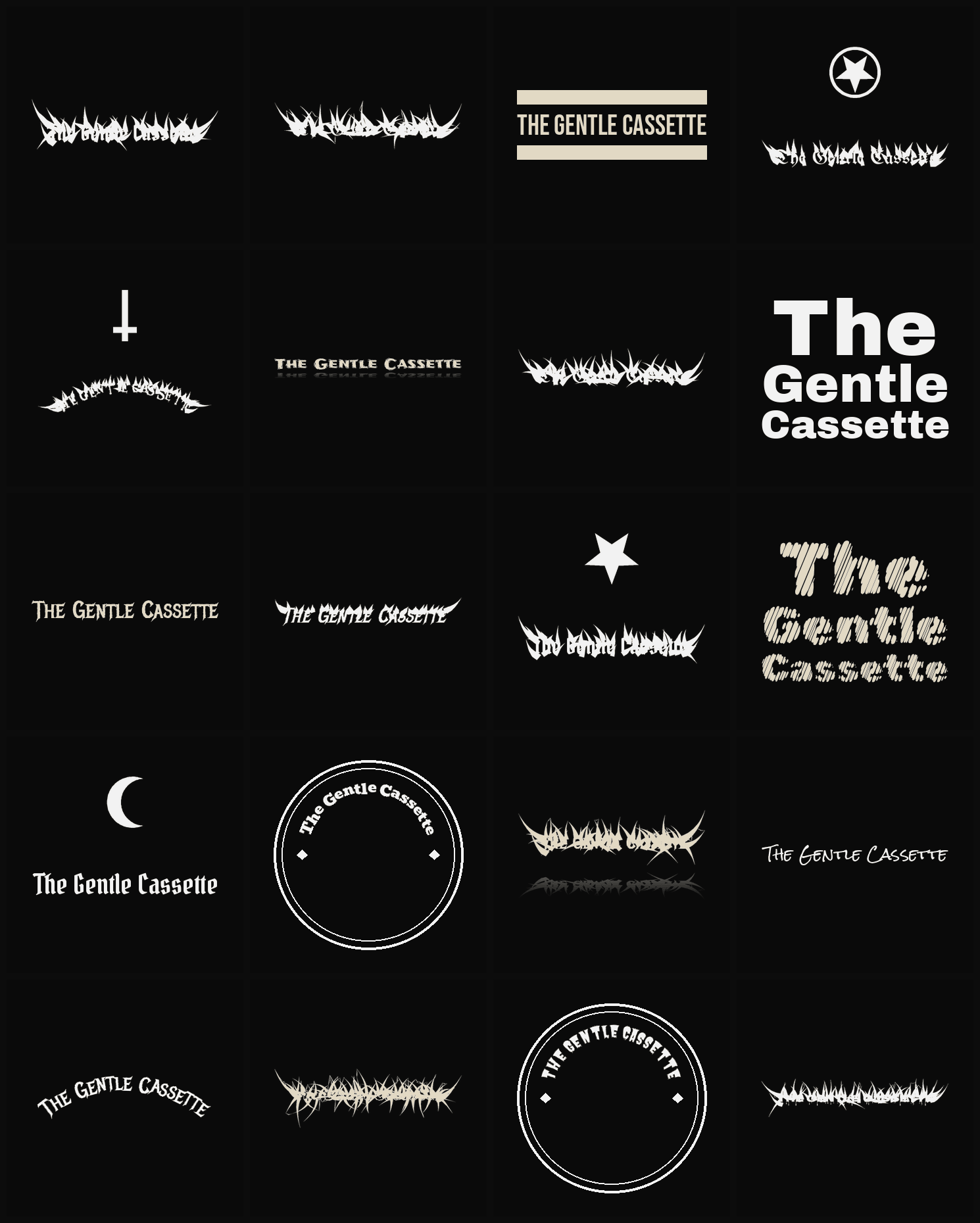 Twenty The Gentle Cassette band logo ideas — different faces, treatments and spike settings