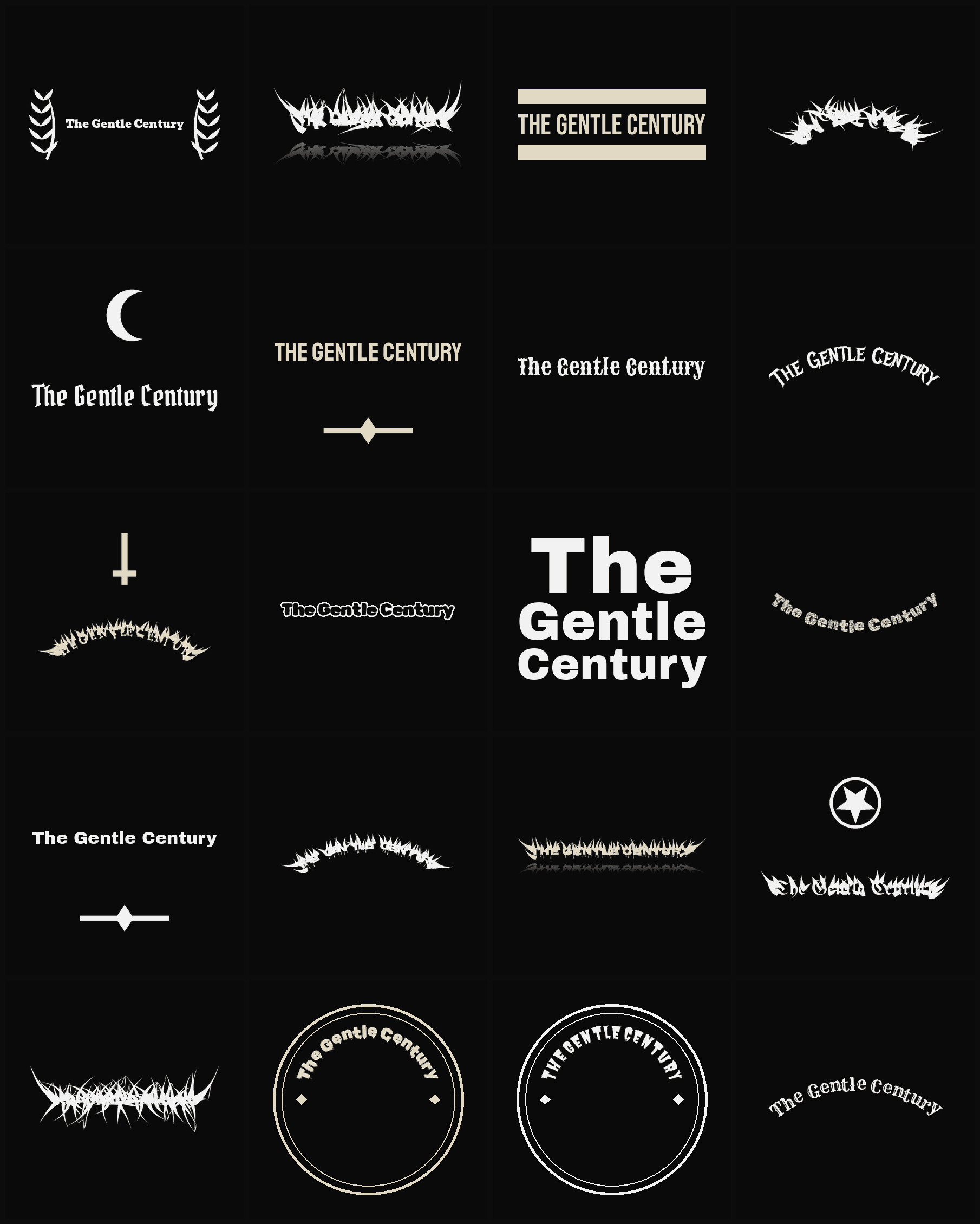Twenty The Gentle Century band logo ideas — different faces, treatments and spike settings