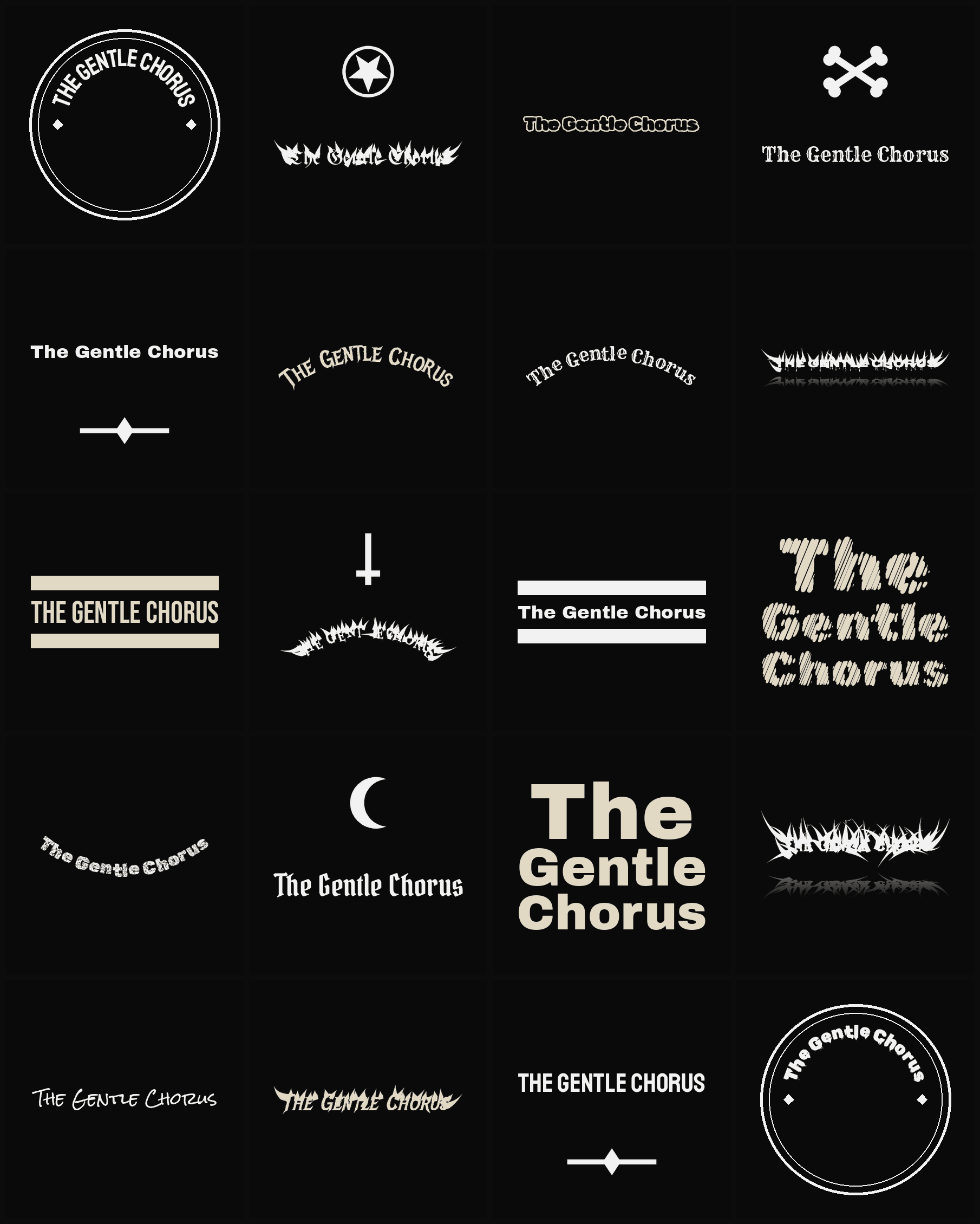 Twenty The Gentle Chorus band logo ideas — different faces, treatments and spike settings