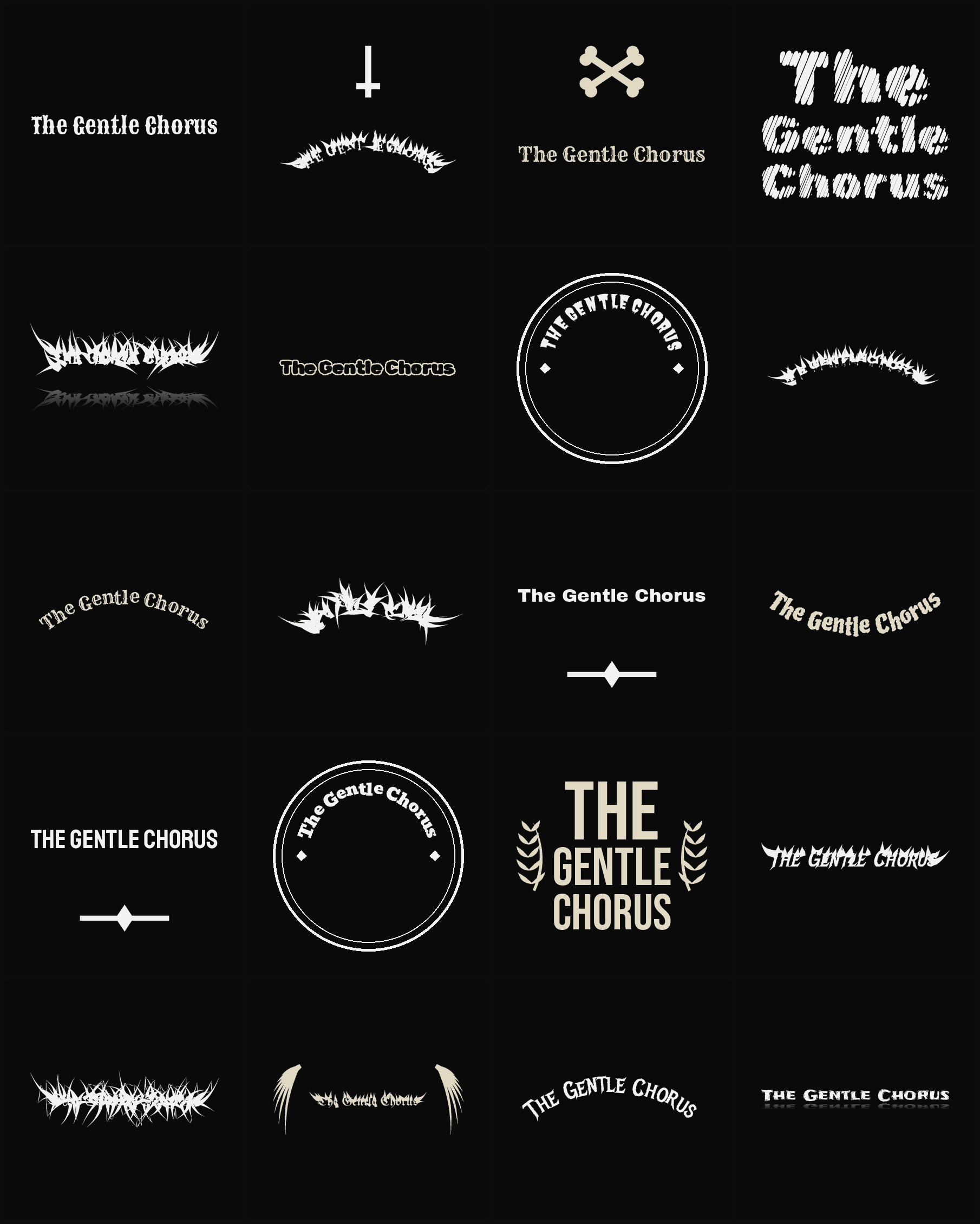 Twenty The Gentle Chorus band logo ideas — different faces, treatments and spike settings