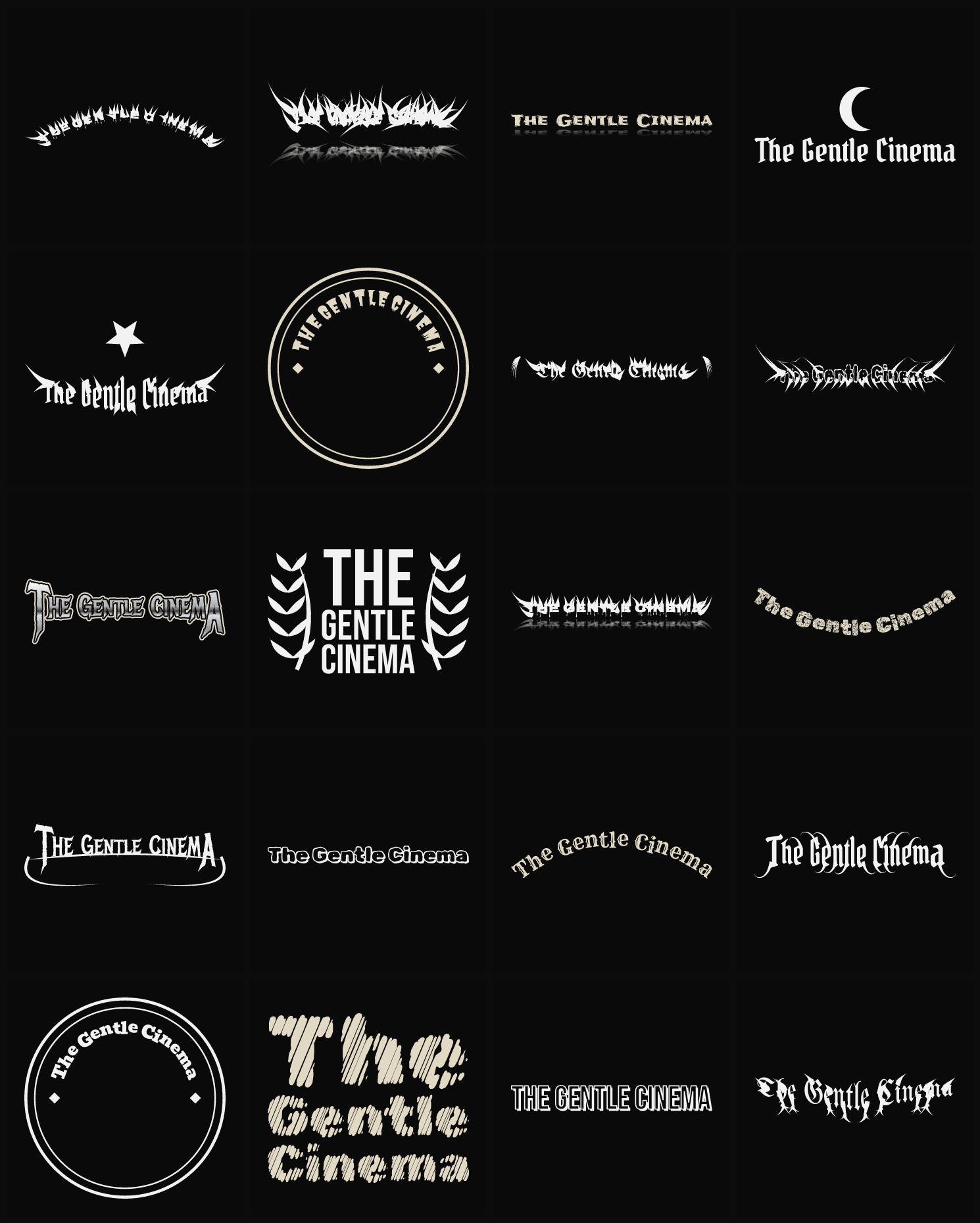 Twenty The Gentle Cinema band logo ideas — different faces, treatments and spike settings
