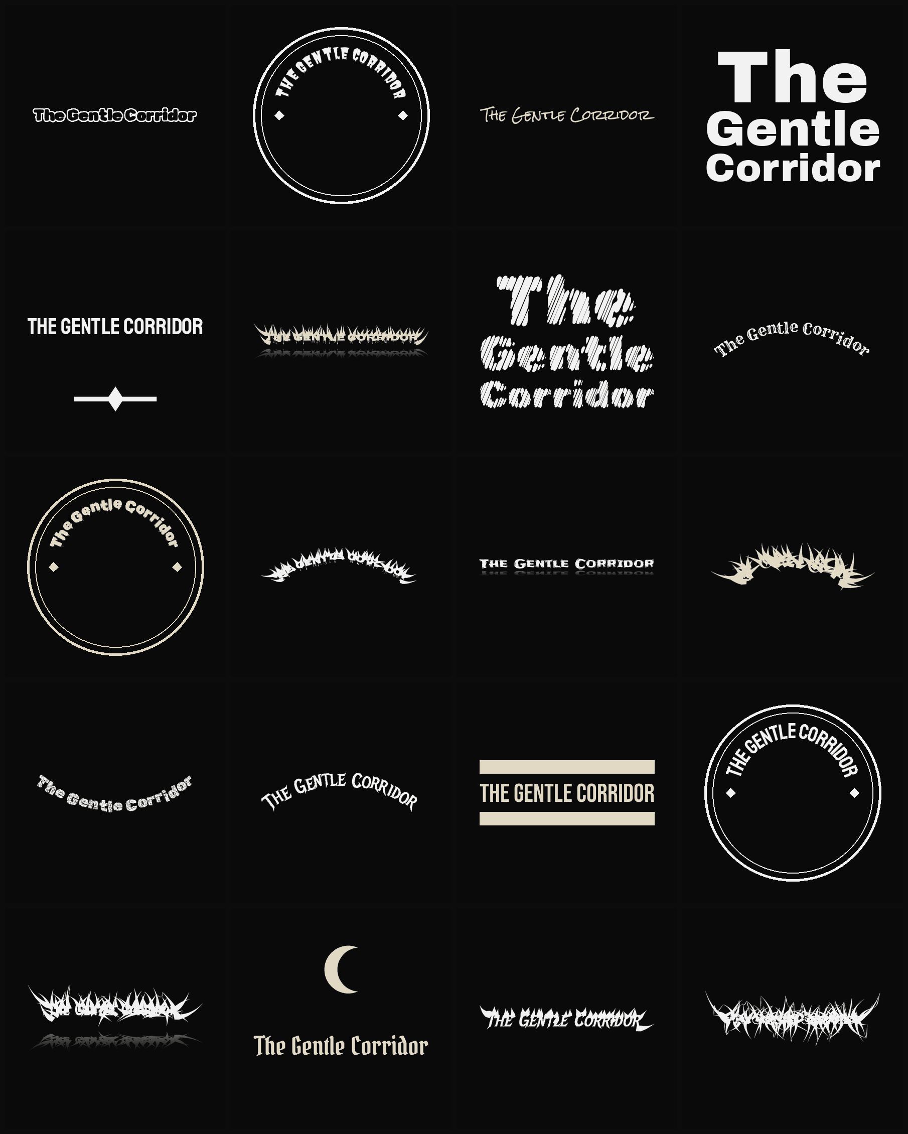 Twenty The Gentle Corridor band logo ideas — different faces, treatments and spike settings