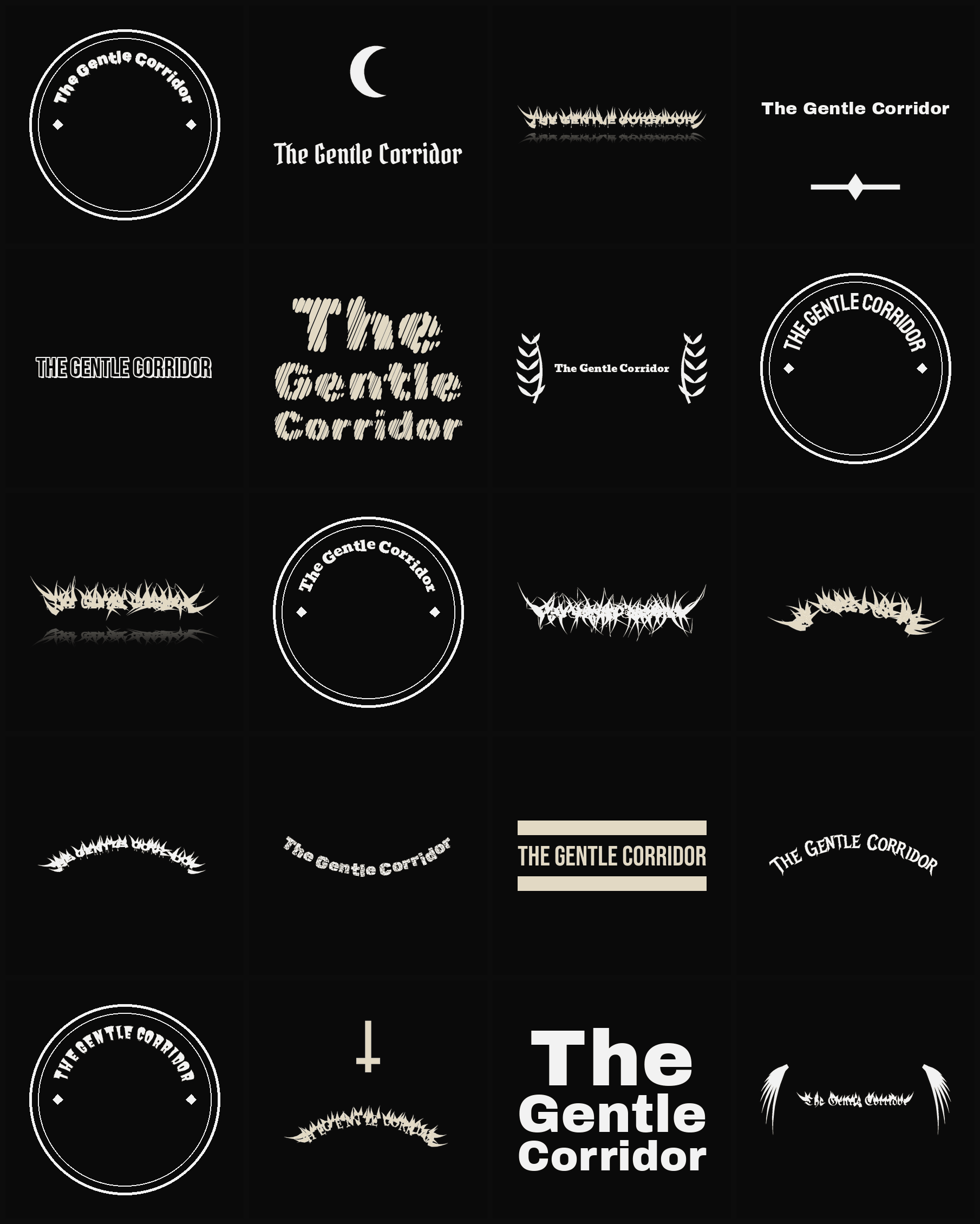 Twenty The Gentle Corridor band logo ideas — different faces, treatments and spike settings
