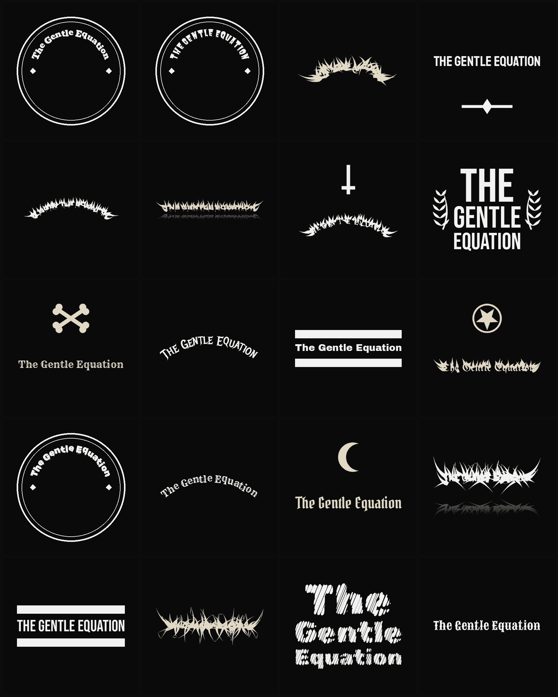 Twenty The Gentle Equation band logo ideas — different faces, treatments and spike settings