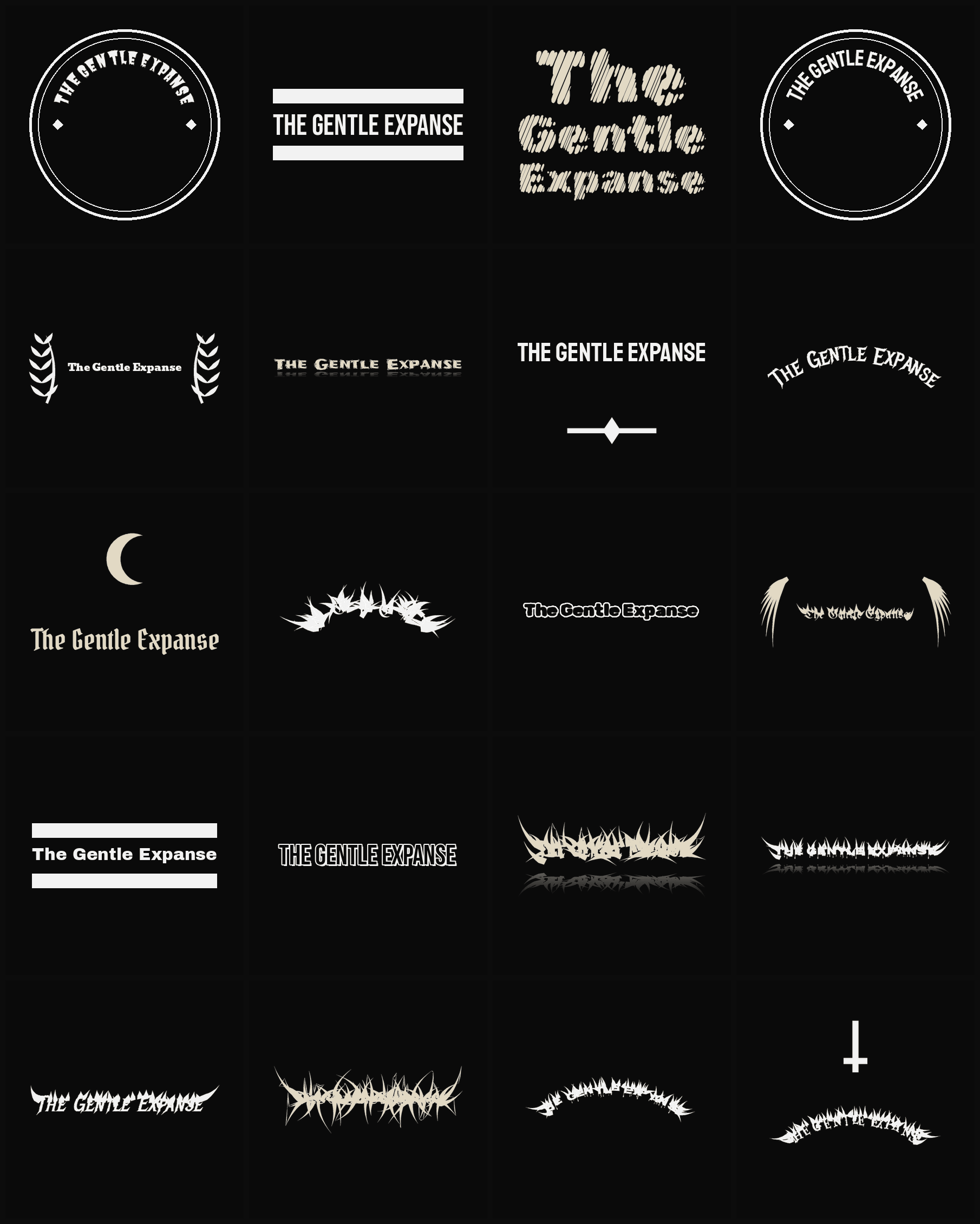 Twenty The Gentle Expanse band logo ideas — different faces, treatments and spike settings