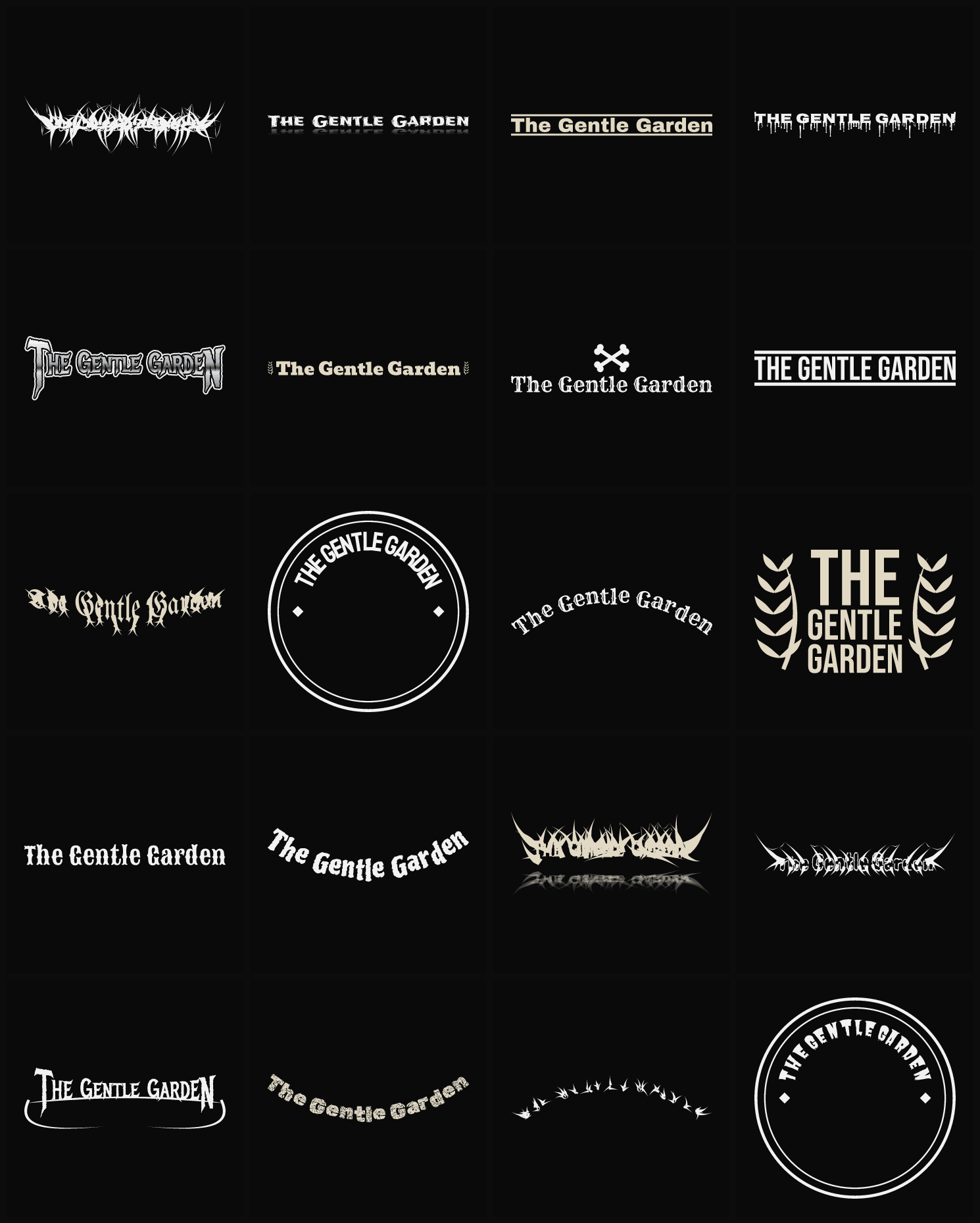 Twenty The Gentle Garden band logo ideas — different faces, treatments and spike settings