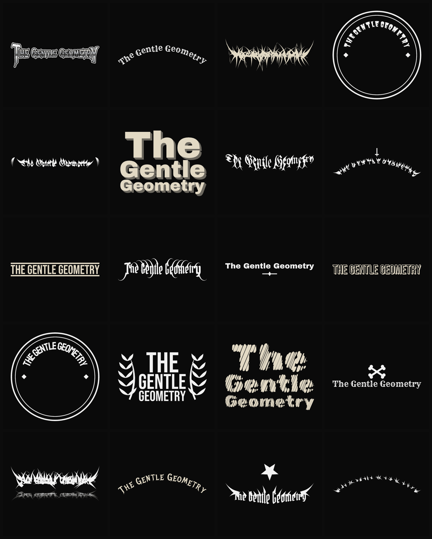 Twenty The Gentle Geometry band logo ideas — different faces, treatments and spike settings