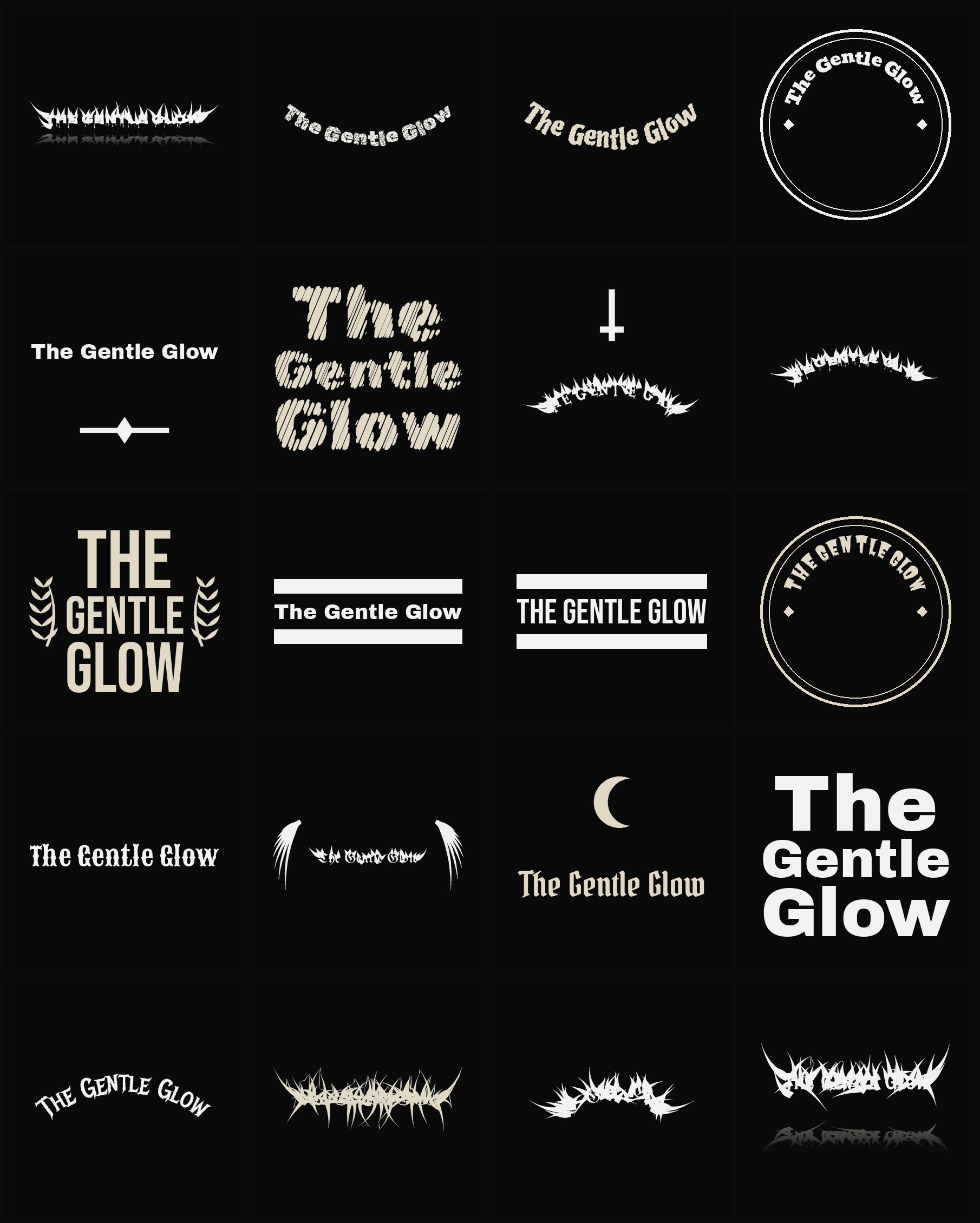 Twenty The Gentle Glow band logo ideas — different faces, treatments and spike settings