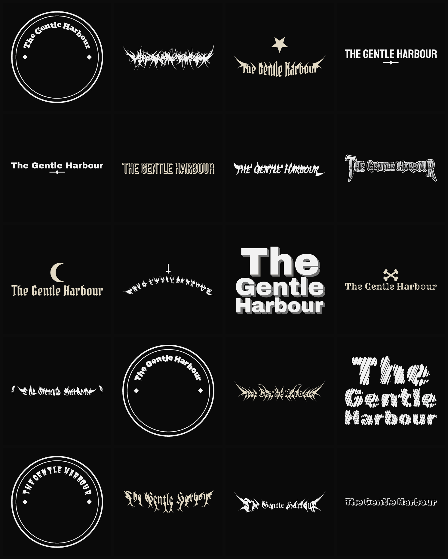 Twenty The Gentle Harbour band logo ideas — different faces, treatments and spike settings