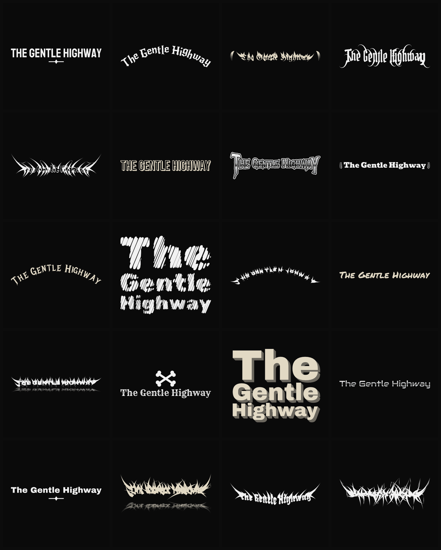 Twenty The Gentle Highway band logo ideas — different faces, treatments and spike settings