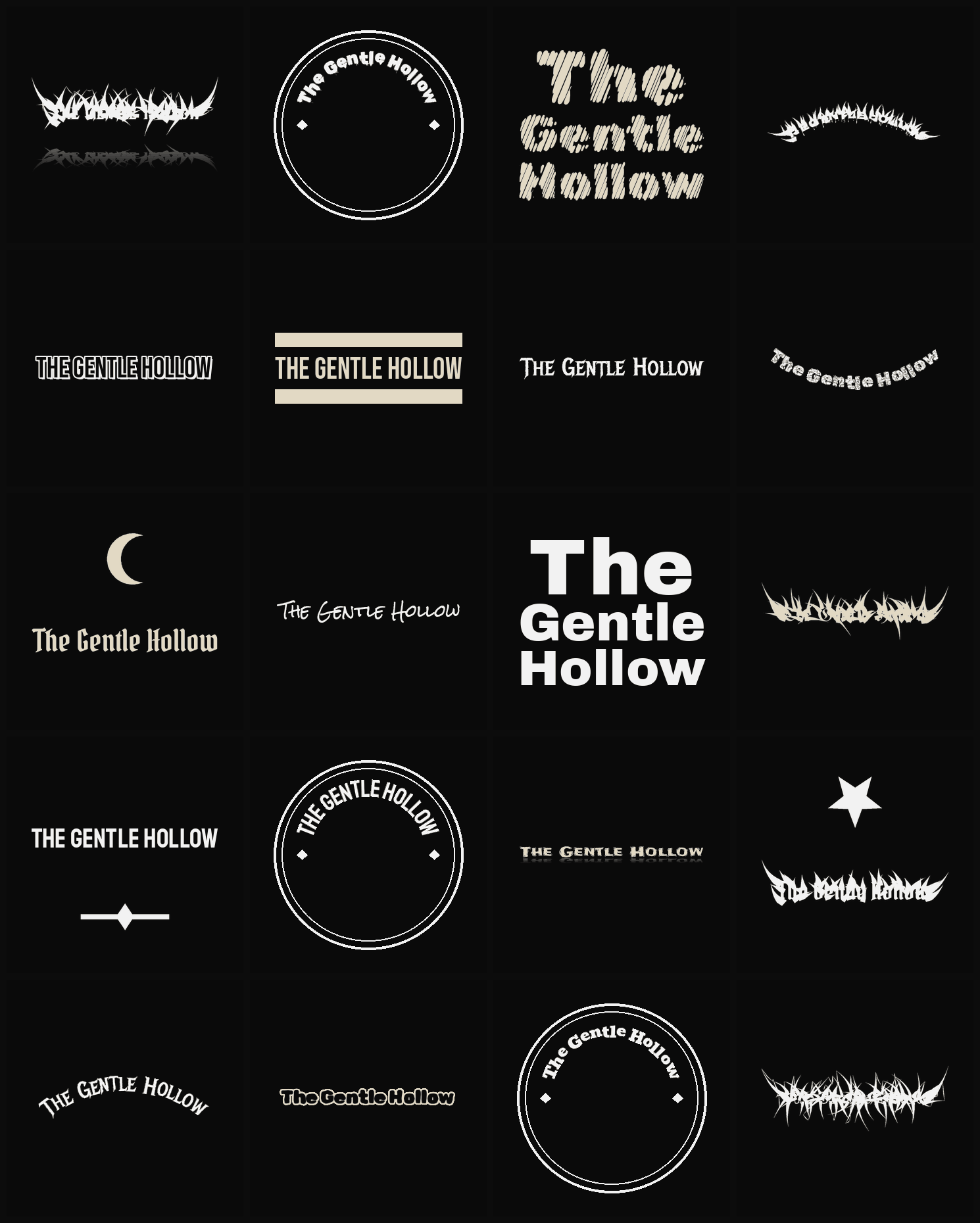 Twenty The Gentle Hollow band logo ideas — different faces, treatments and spike settings