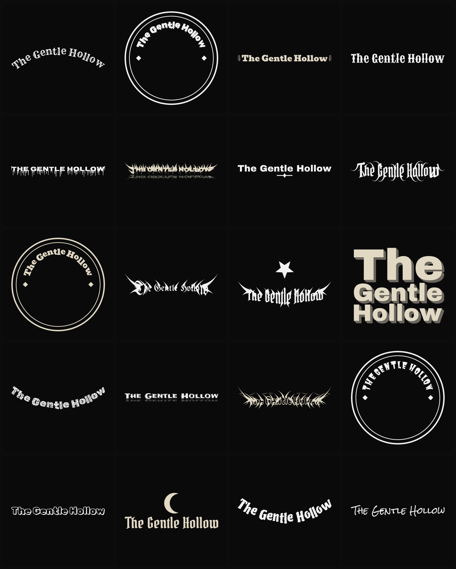 Twenty The Gentle Hollow band logo ideas — different faces, treatments and spike settings