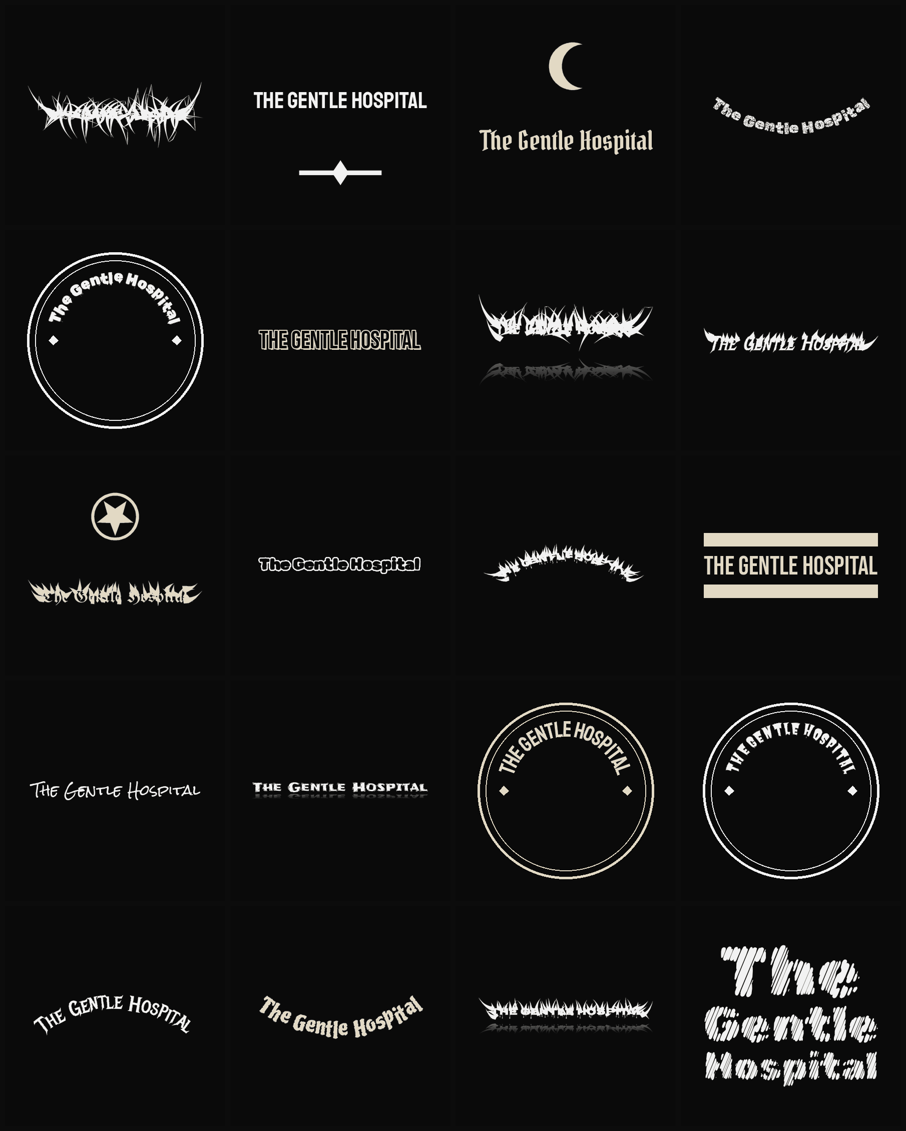 Twenty The Gentle Hospital band logo ideas — different faces, treatments and spike settings