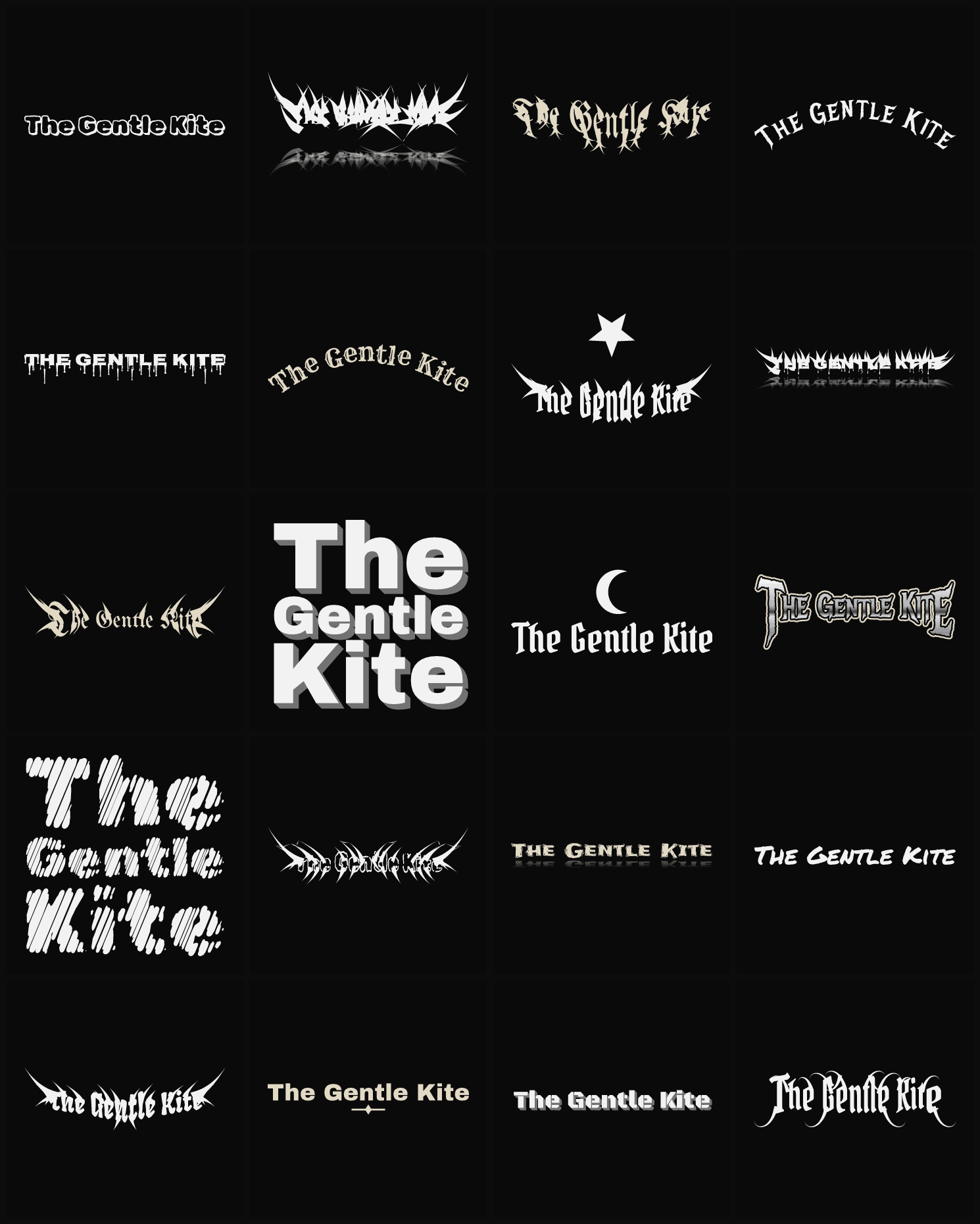 Twenty The Gentle Kite band logo ideas — different faces, treatments and spike settings