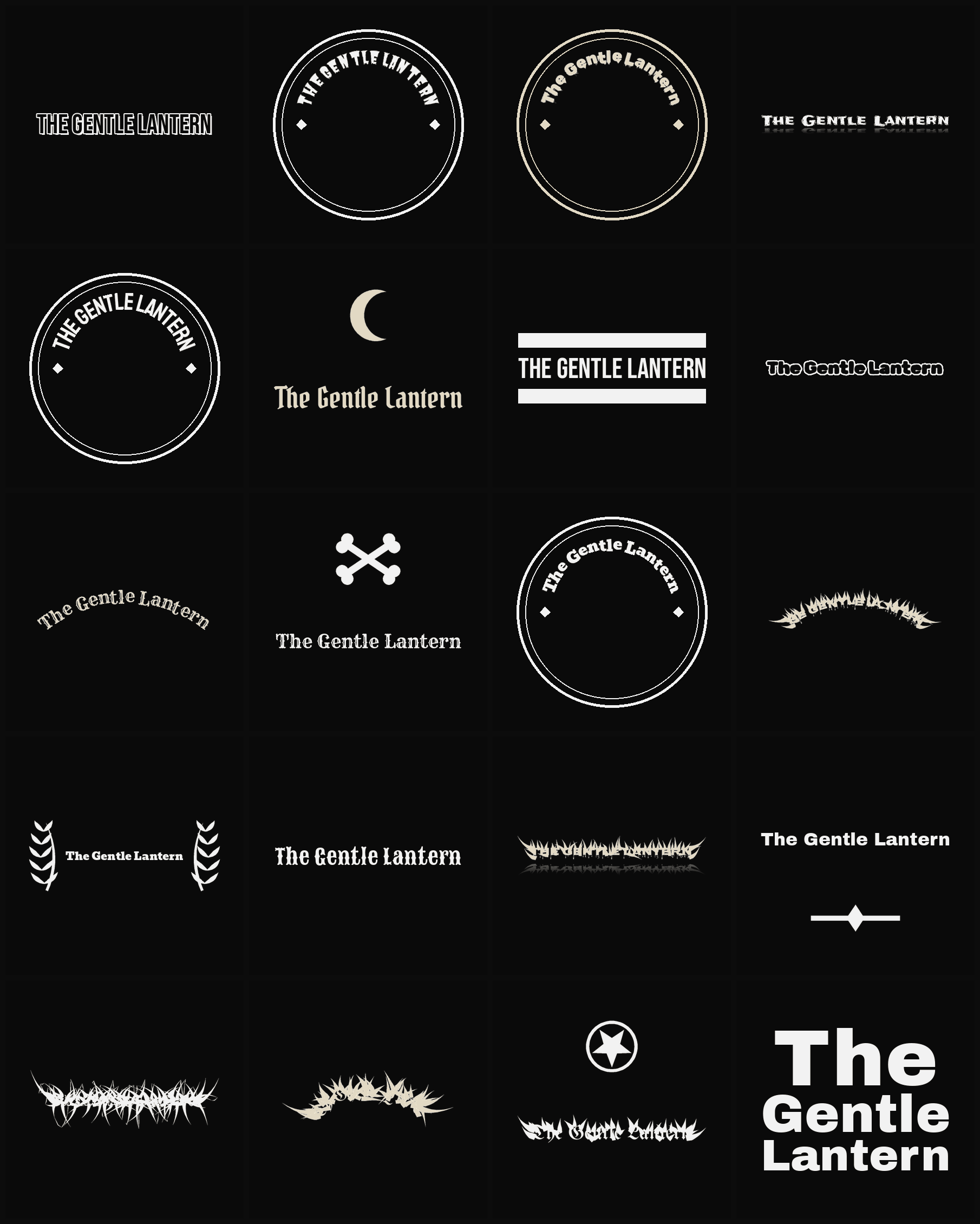 Twenty The Gentle Lantern band logo ideas — different faces, treatments and spike settings
