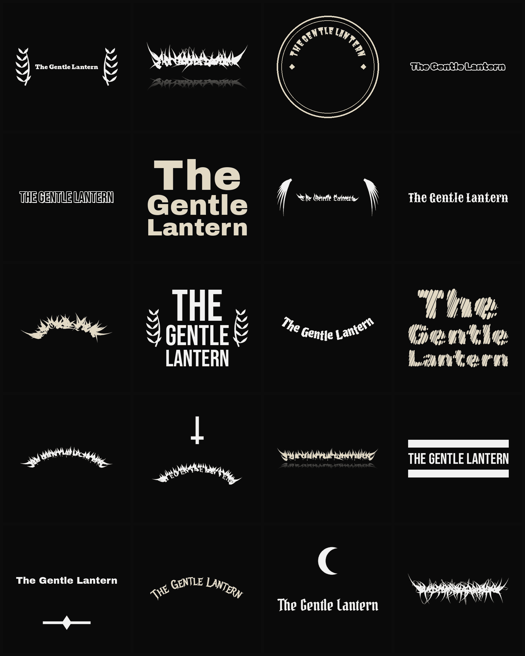 Twenty The Gentle Lantern band logo ideas — different faces, treatments and spike settings