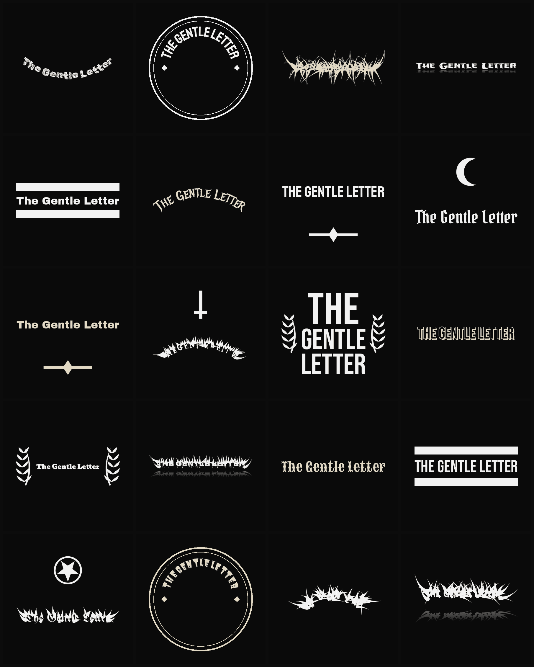 Twenty The Gentle Letter band logo ideas — different faces, treatments and spike settings