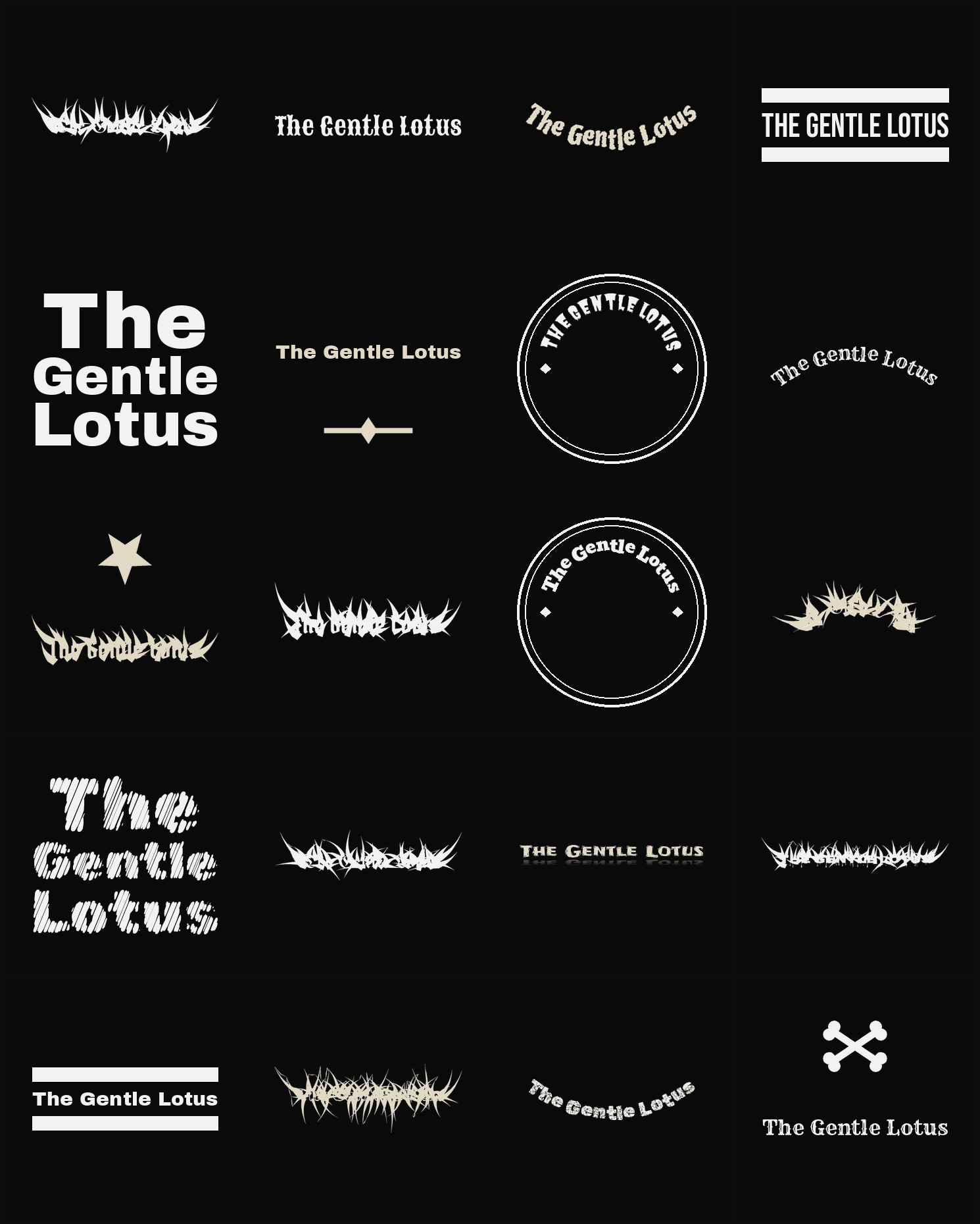 Twenty The Gentle Lotus band logo ideas — different faces, treatments and spike settings