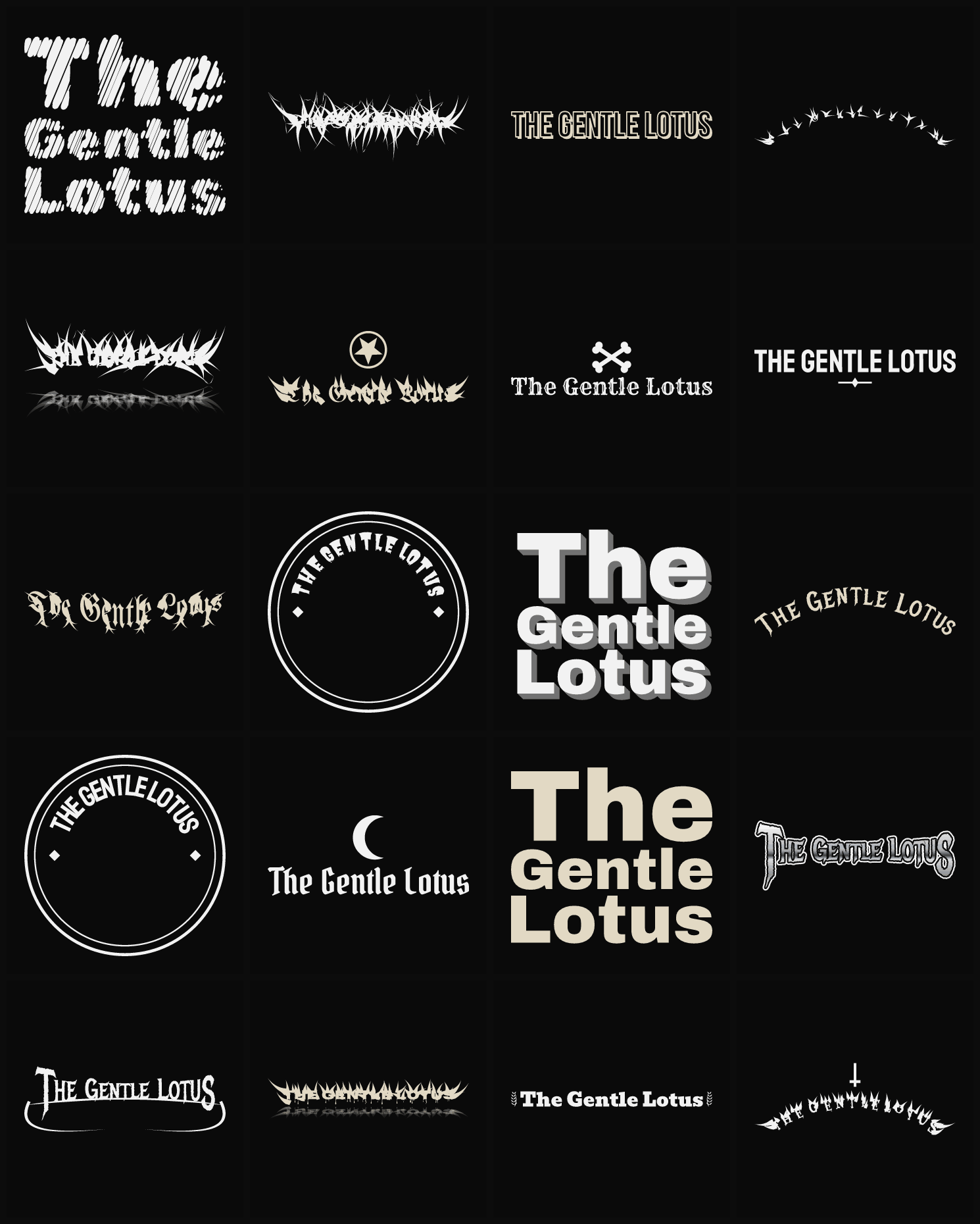 Twenty The Gentle Lotus band logo ideas — different faces, treatments and spike settings