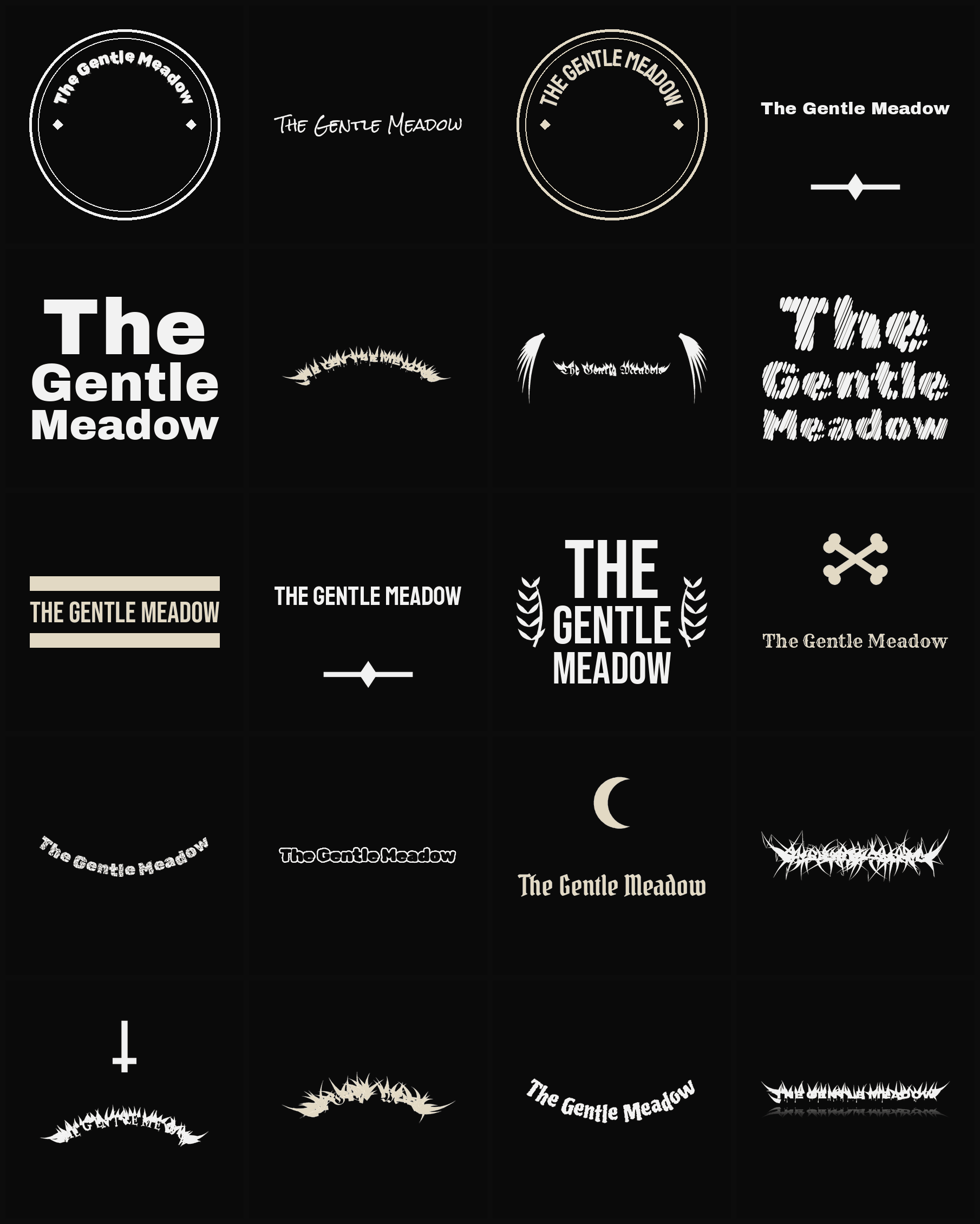 Twenty The Gentle Meadow band logo ideas — different faces, treatments and spike settings