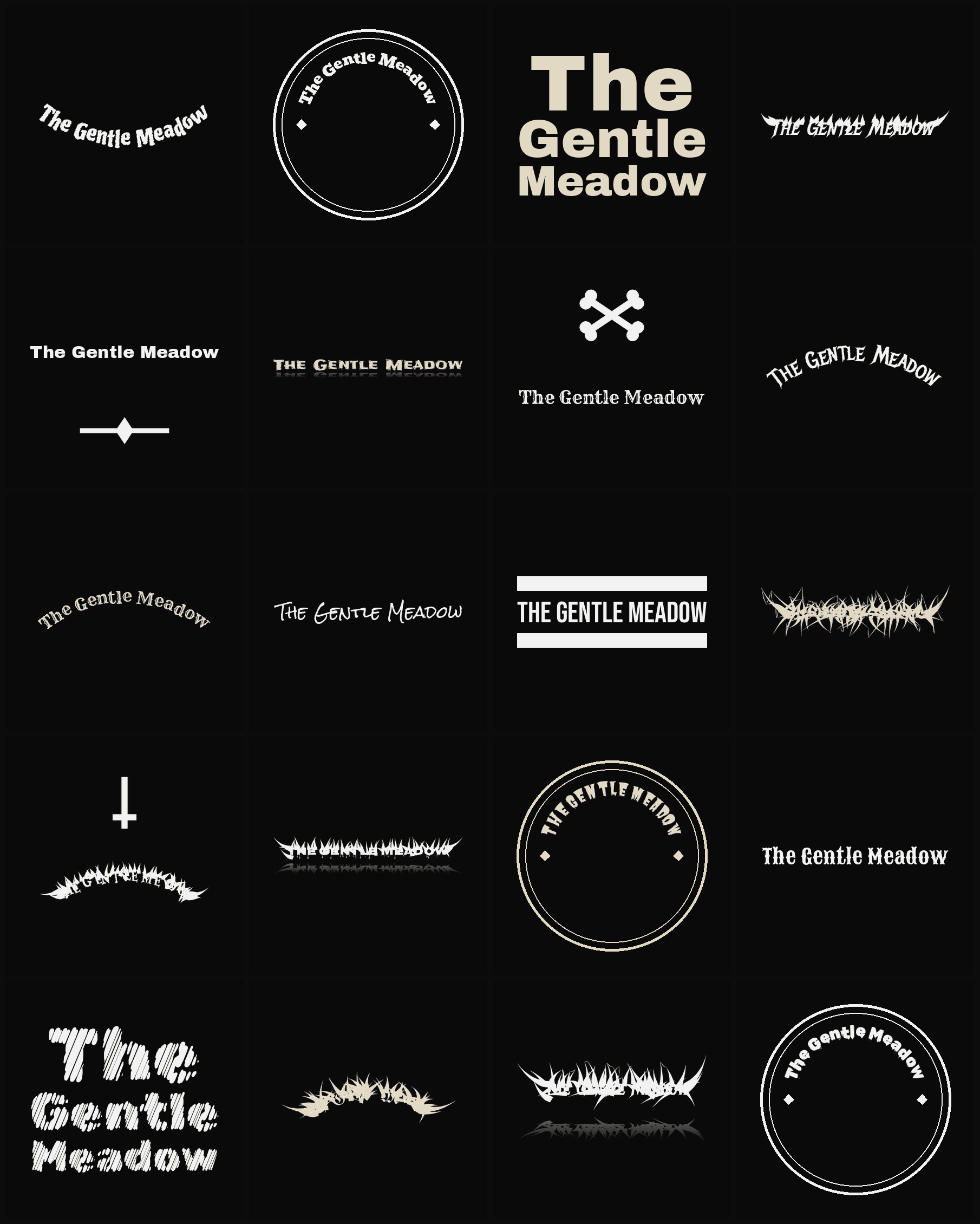 Twenty The Gentle Meadow band logo ideas — different faces, treatments and spike settings