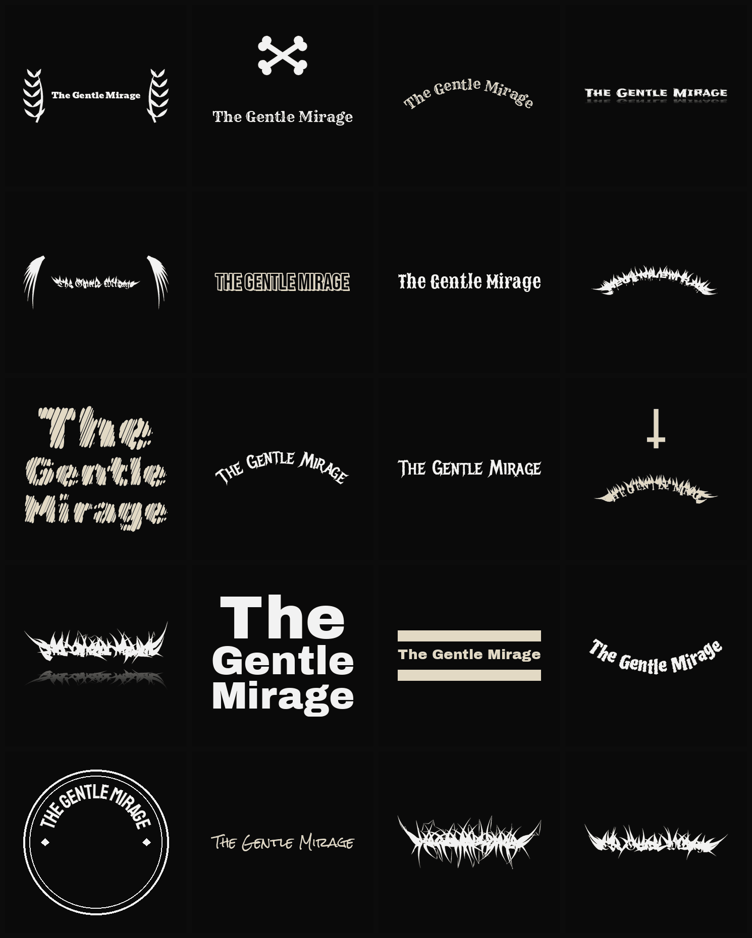 Twenty The Gentle Mirage band logo ideas — different faces, treatments and spike settings