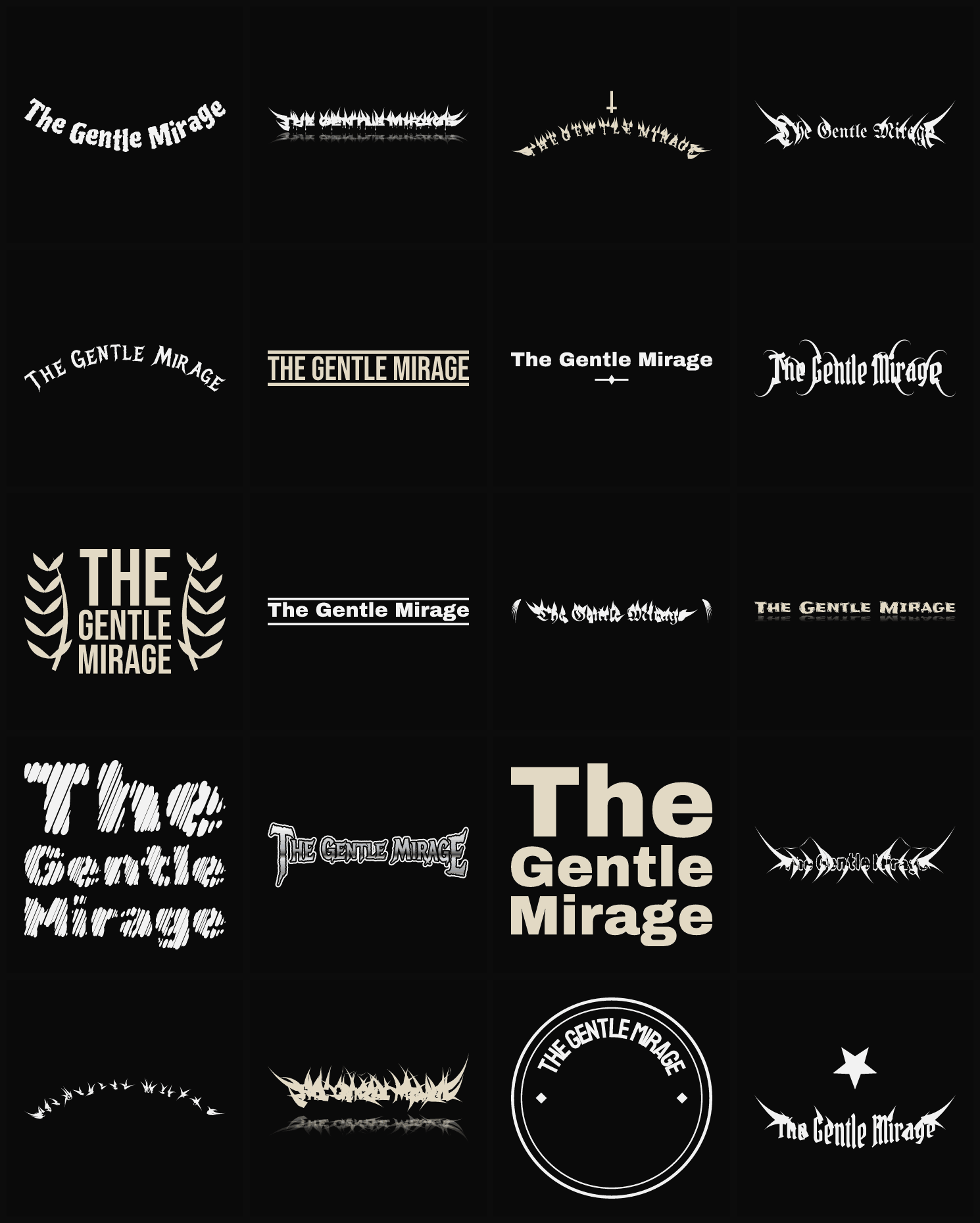 Twenty The Gentle Mirage band logo ideas — different faces, treatments and spike settings