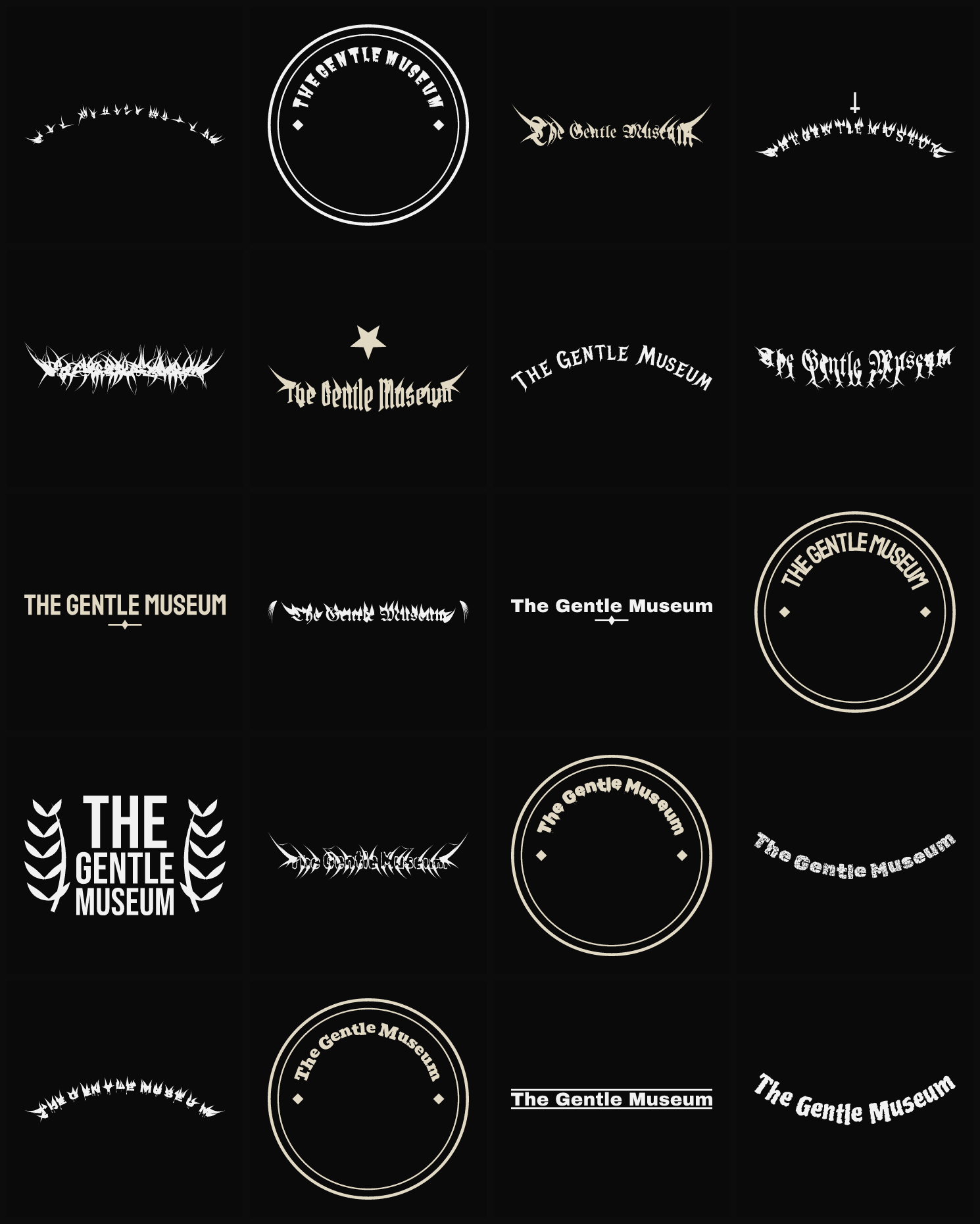 Twenty The Gentle Museum band logo ideas — different faces, treatments and spike settings